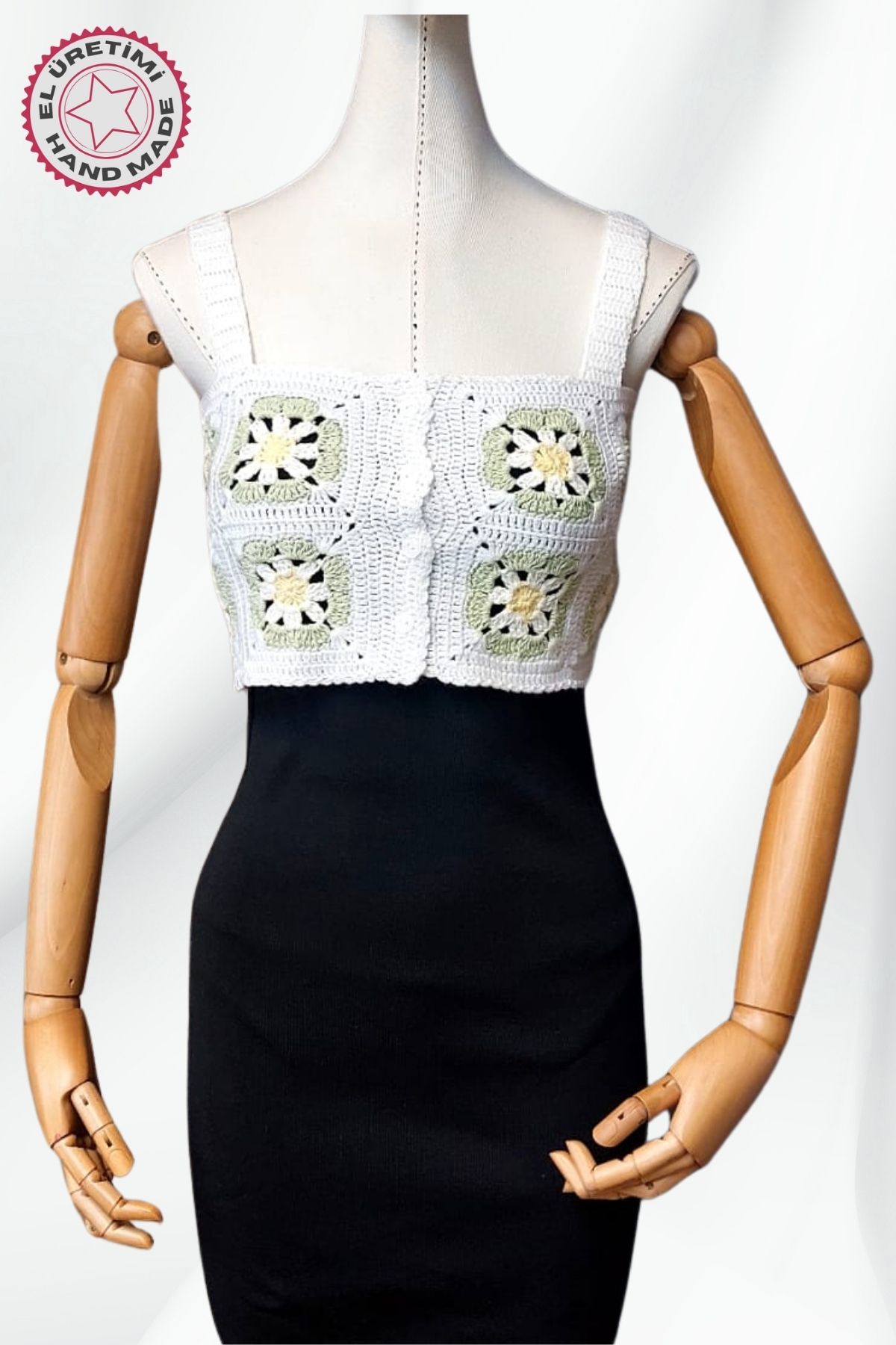 Uretti - Yıldız 7202 8363 El Örgüsü Yazlık Beyaz Kadın Büstiyer / Crop Bluz - 36/38/40 - Yeşil