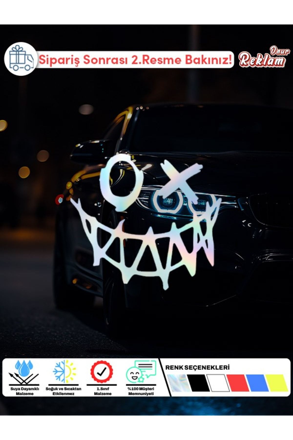Onur Reklam Holografik Çarpı Gözlü Gülüş Sticker – Suya Dayanıklı Korku Temalı Araba Stickerı