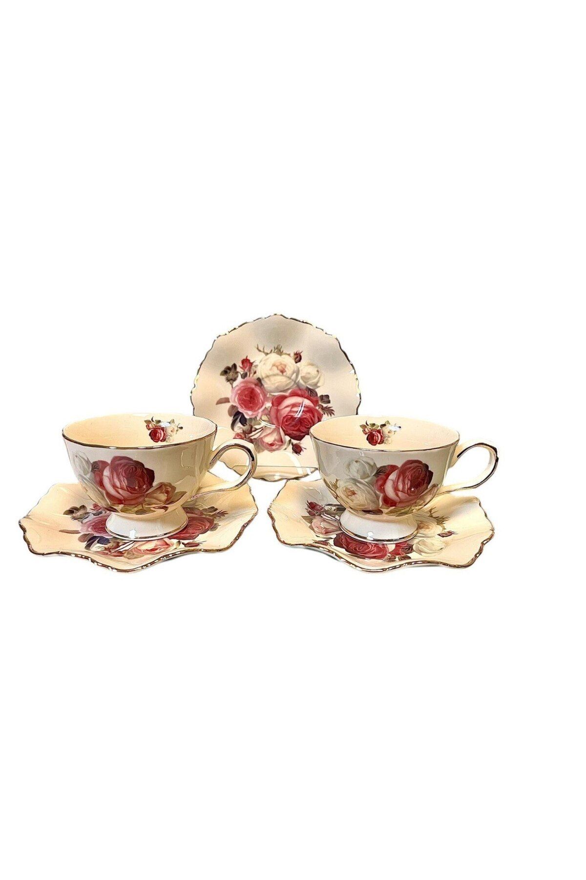 ROY KING Porselen 6 lı Kahve Fincanı Krem Gold Gül Desen Rose