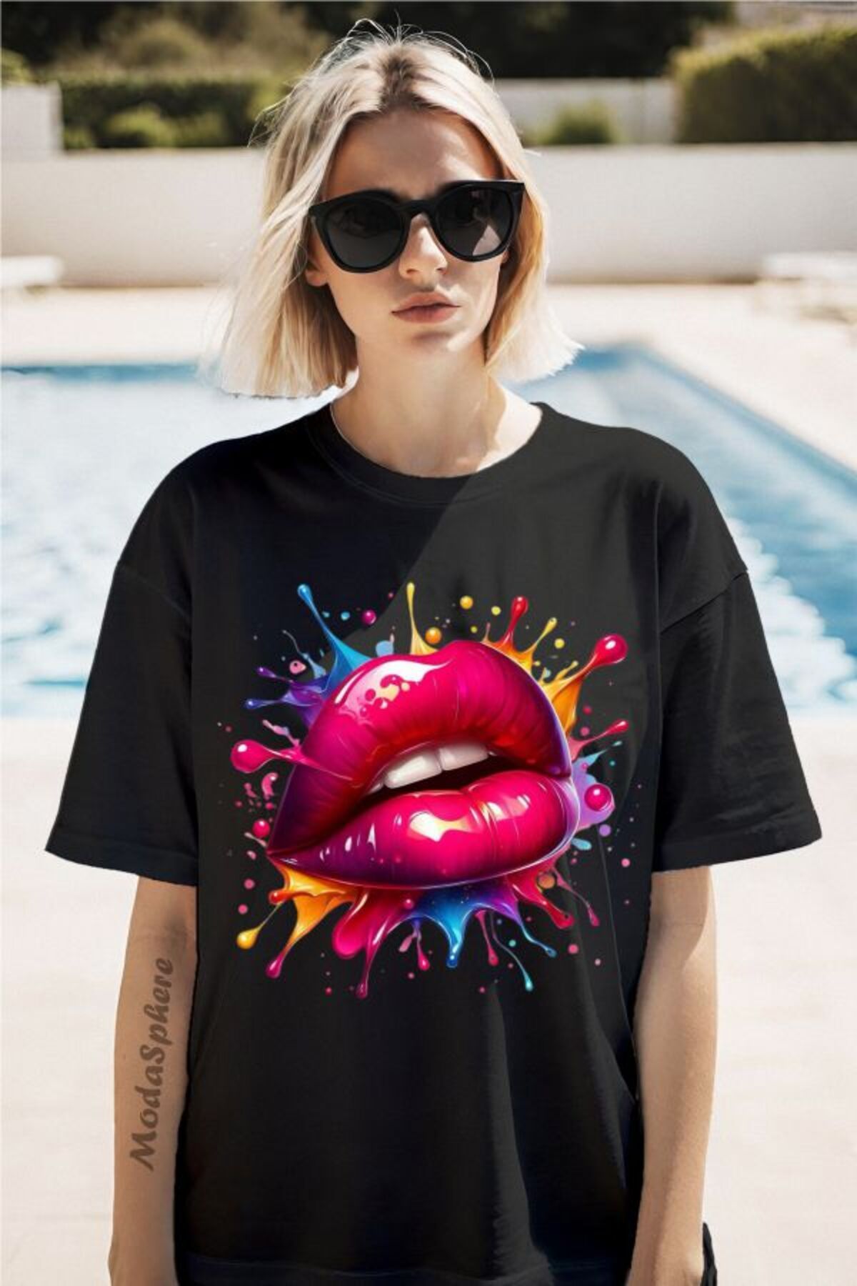 ModaSphere Renkli Dudak Baskılı Unisex Oversize Tişört