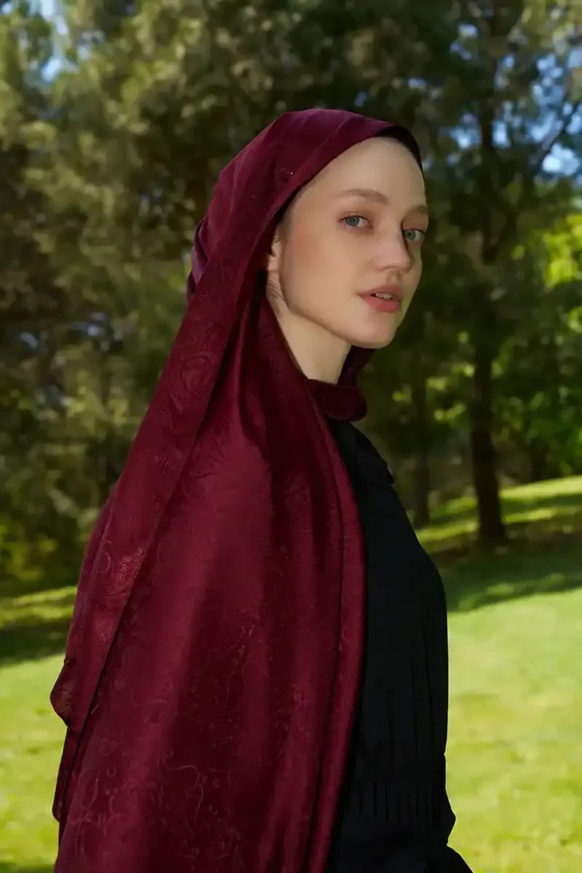 Madame Polo Elegance Etnik Desen Jakar Şal - Bordo