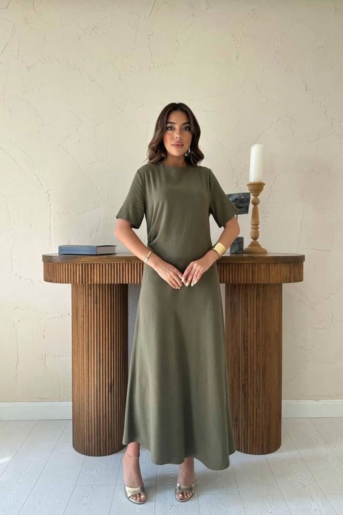 Butik Haki Pileli Bisiklet Yaka Elbise