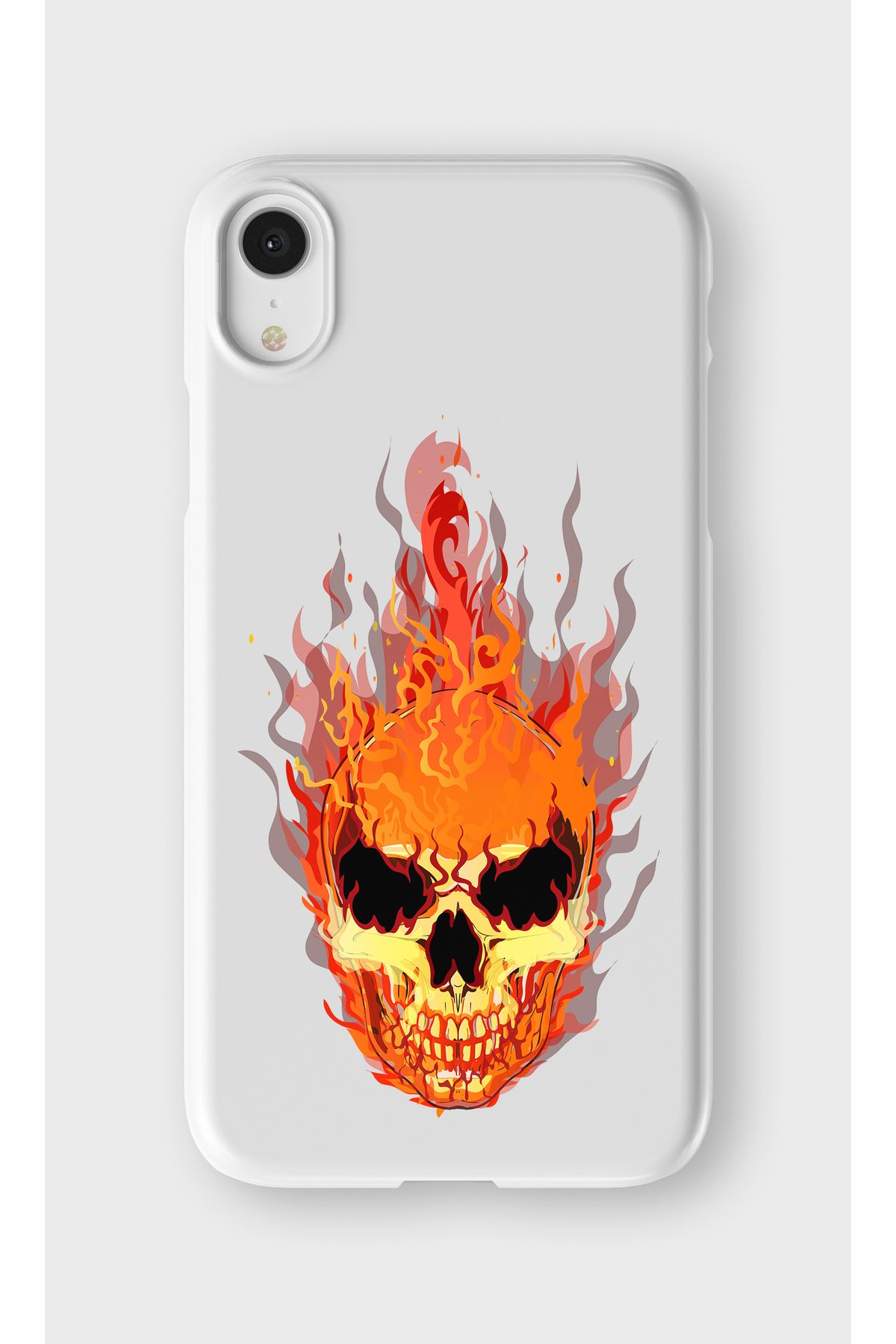 lelia iPhone XR Uyumlu Alevli Kuru Kafa Tasarımlı İçi Kadife Lansman Beyaz Silikon Kılıf