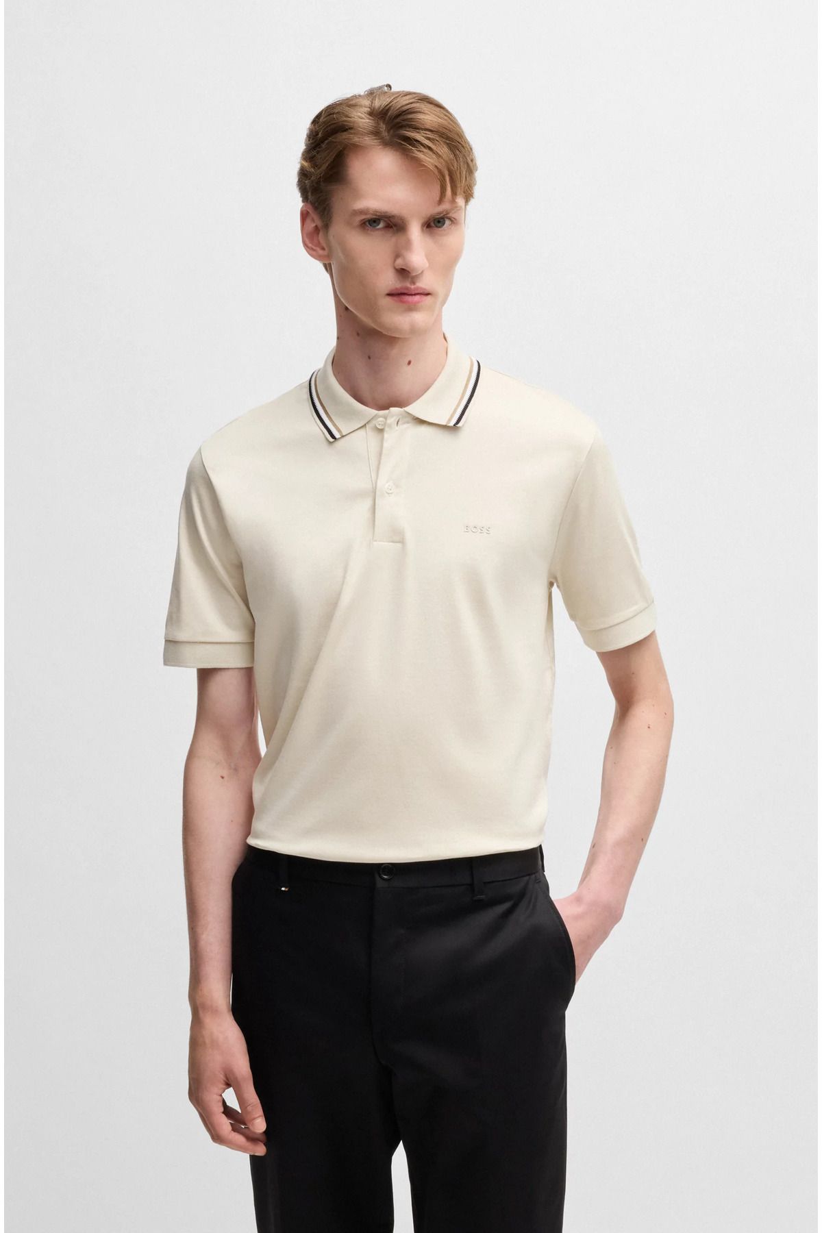 BOSS Erkek Pamuklu Polo Yakalı Düğme Kapamalı Kısa Kollu Ekru T-Shirt 50469360-131