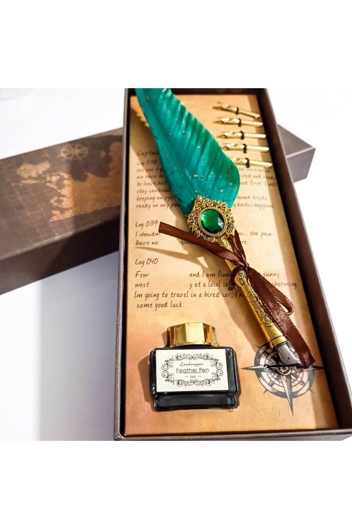 gifttime Kişiye Özel Retro Tüylü Divit Kalem Seti - Özel Kutulu Yazı Kalemi ve Mürekkep Seti