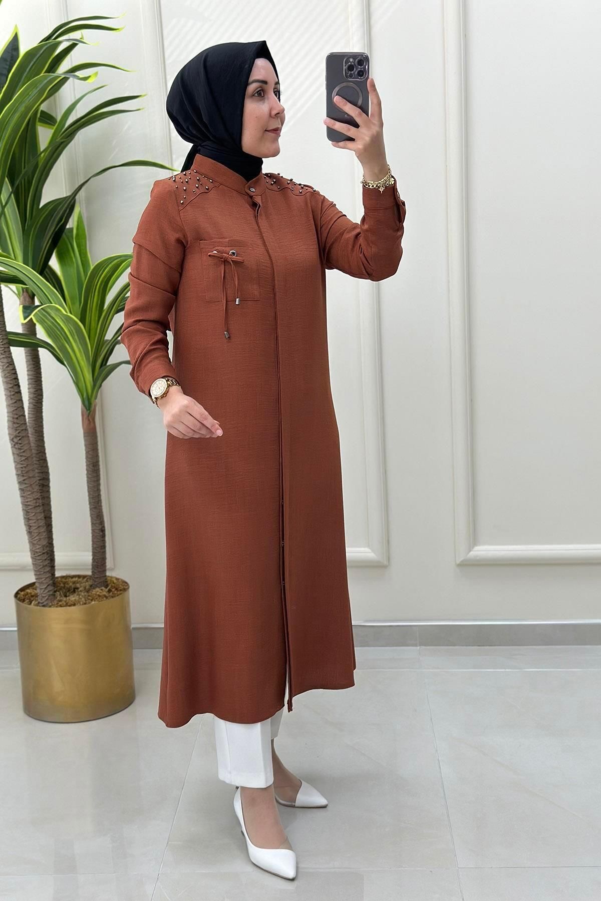 sff Önü Gizli Düğme Omuz İnci Çakmalı Kadın Tunik Taba SFF 4176