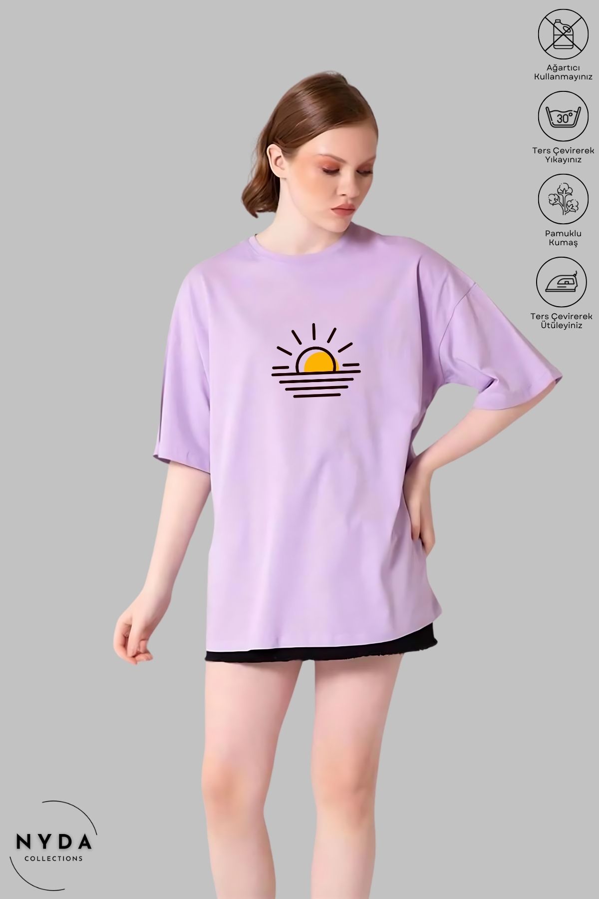 Nyda Collections Unisex Bisiklet Yaka Günbatımı Baskılı Pamuk Oversize Kısa Kollu Tişört