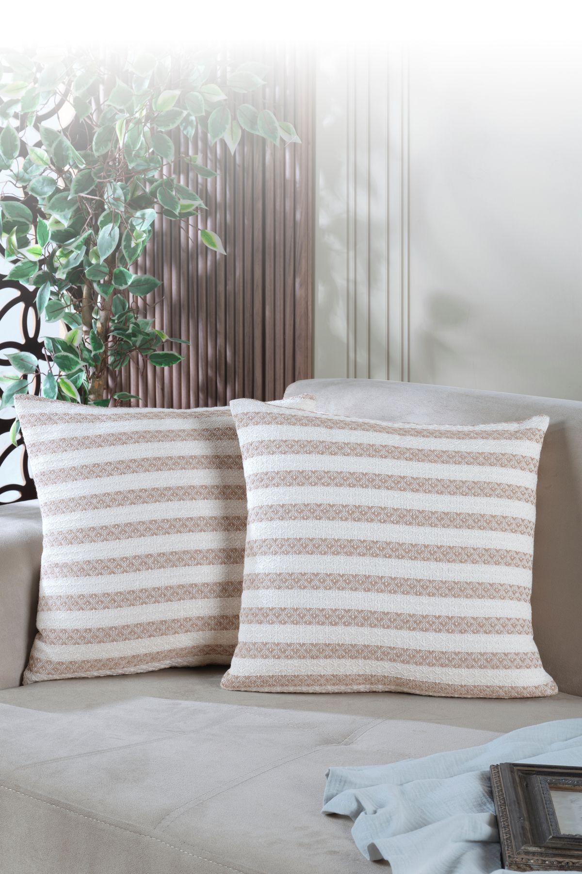 LADYNİL Summer 2'li Kırlent Kılıfı Dekoratif Yastık Kılıfı 45x45 Fermuarlı Bej