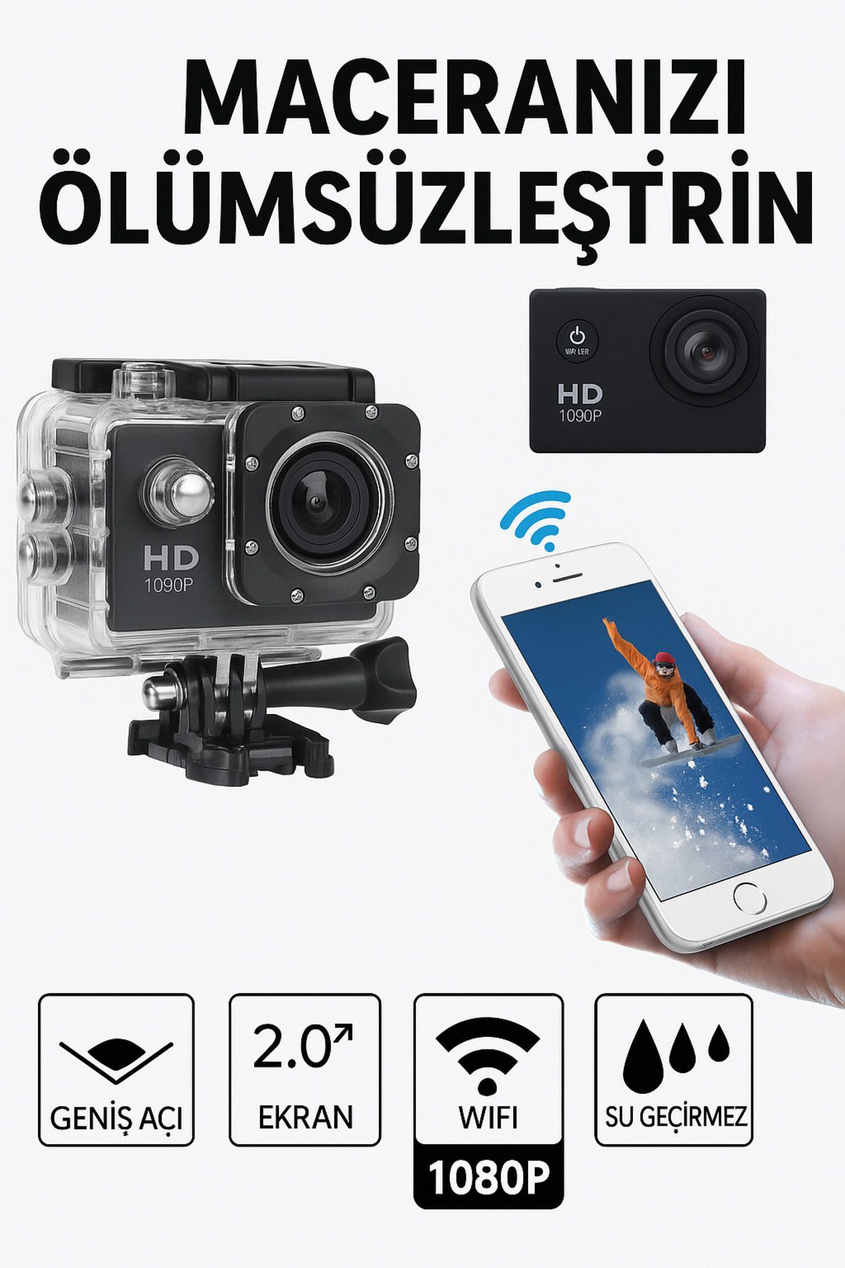 electroawm WiFi Destekli HD 1080P Kumandalı Aksiyon Kamerası - Su Geçirmez, Geniş Açı, 2.0'' Ekran
