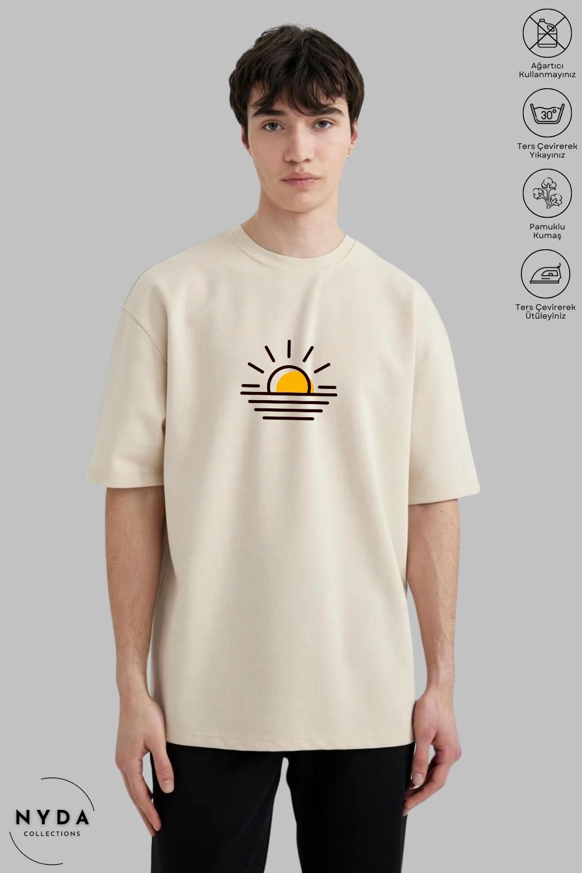 Nyda Collections Unisex Bisiklet Yaka Günbatımı Baskılı Pamuk Oversize Kısa Kollu Tişört