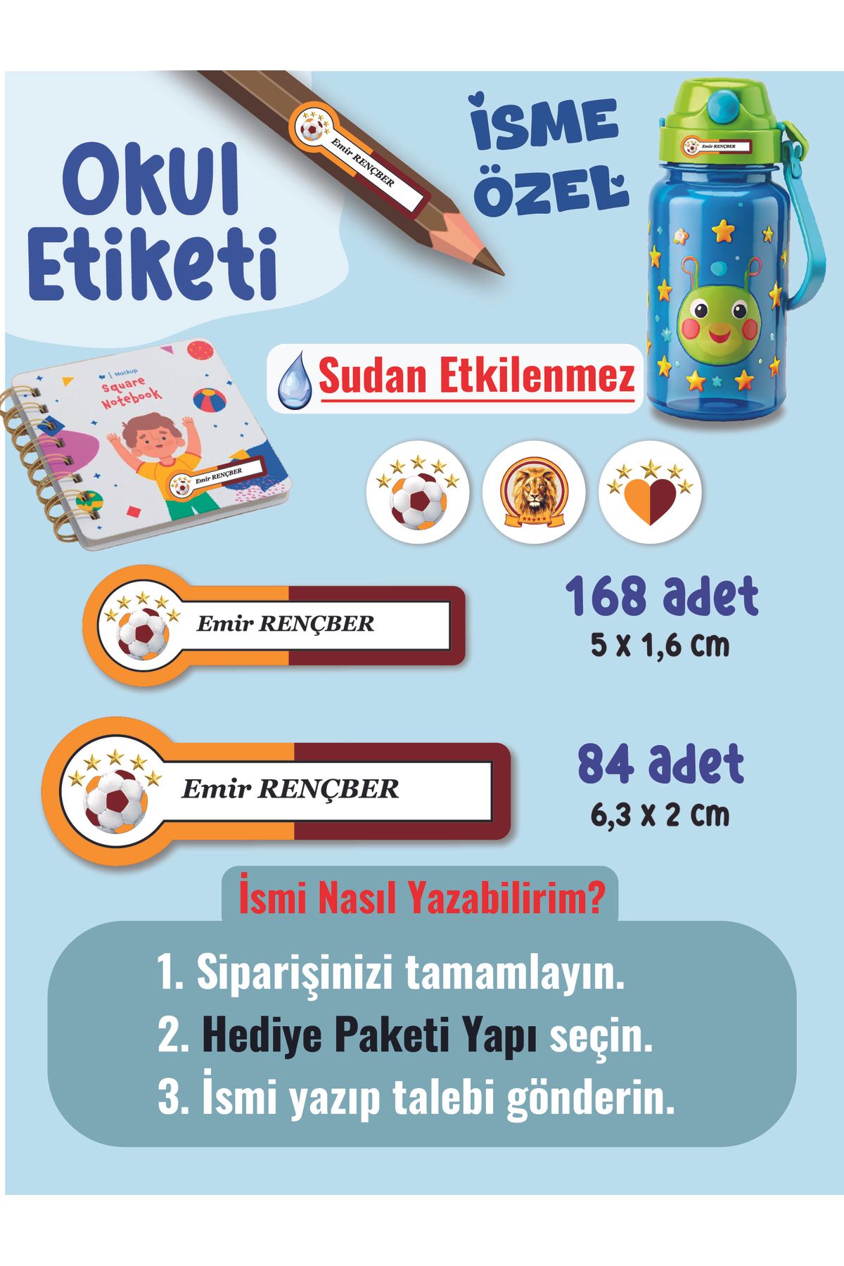YUNUS COPY Okul Etiketi Kalem Defter Etiketi Sarı Kırmızı Takım Temalı Özel İsim Yazılabilen Etiket - 252Adet