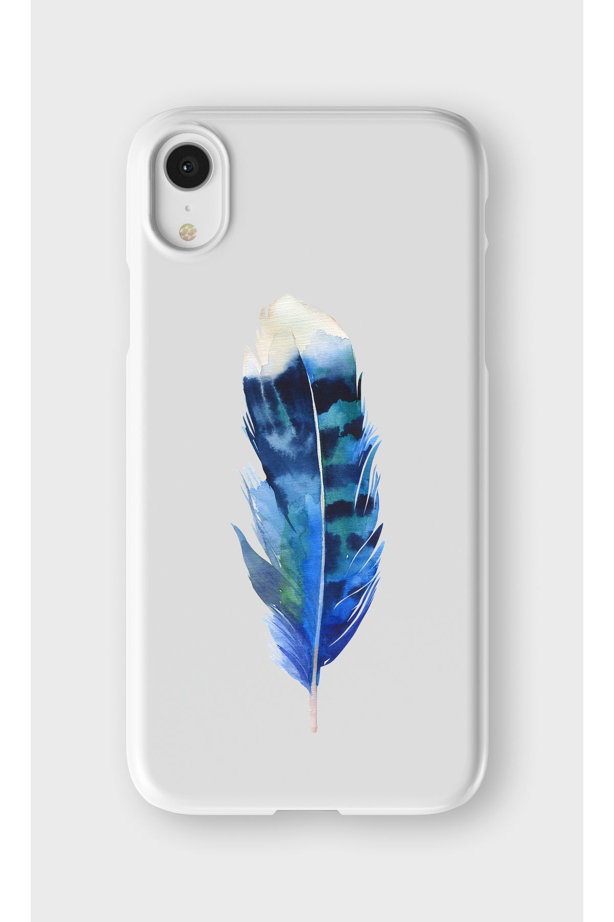 lelia iPhone XR Uyumlu Mavi Kuş Tüyü Tasarımlı İçi Kadife Lansman Beyaz Silikon Kılıf