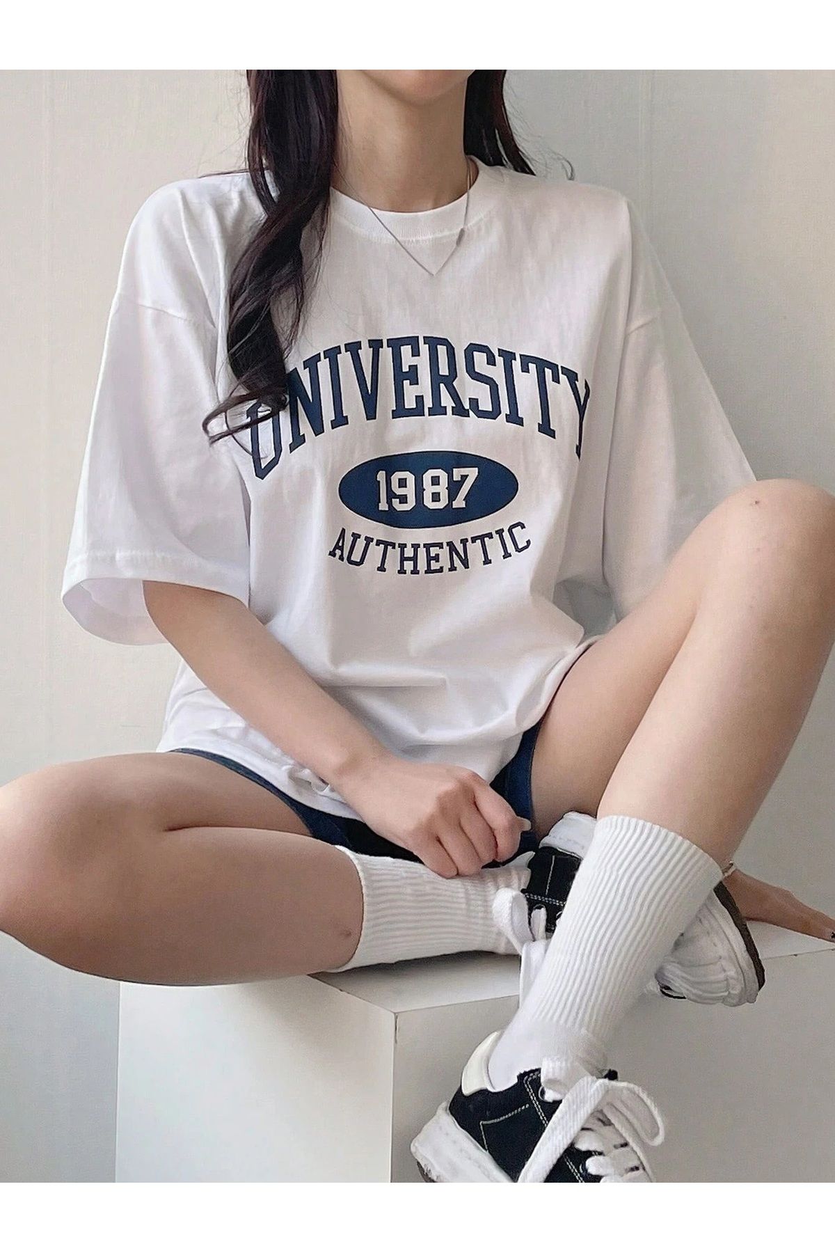GENIUS STORE Kadın Tişört Baskılı Uzun T-shirt Pamuklu Oversize Tişört UNIVERSİTY-KADIN