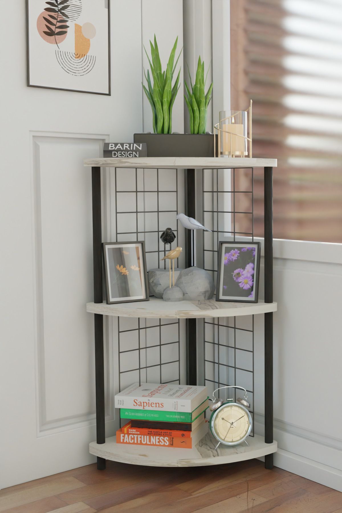 BARIN DESIGN 3Raflı Metal Telli Köşe Kitaplık Çevir-Kur Raf Ünitesi Modern Salon Dekoratif Raf Ofis Çalışma Odası