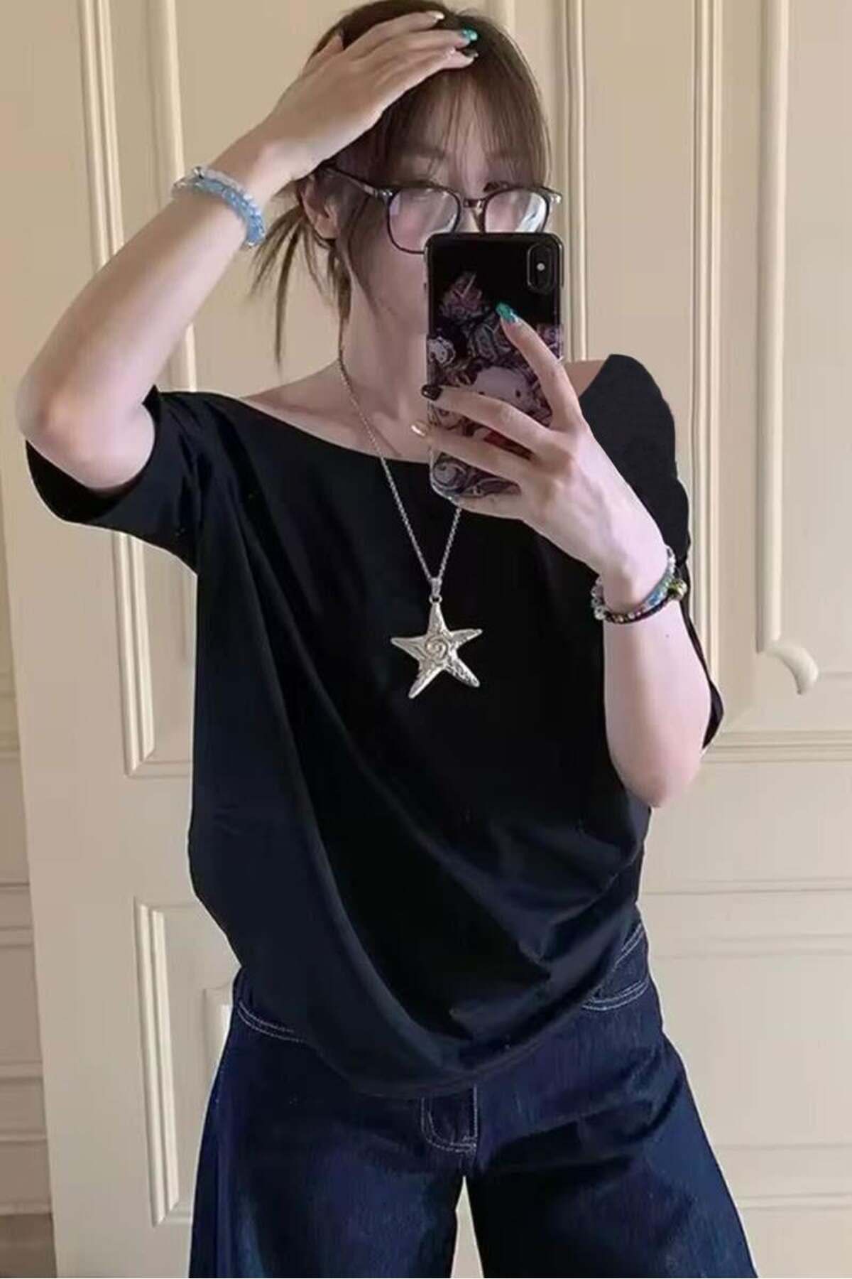 Karakedi Siyah Basic Düşük Omuz Kısa Kol T-shirt