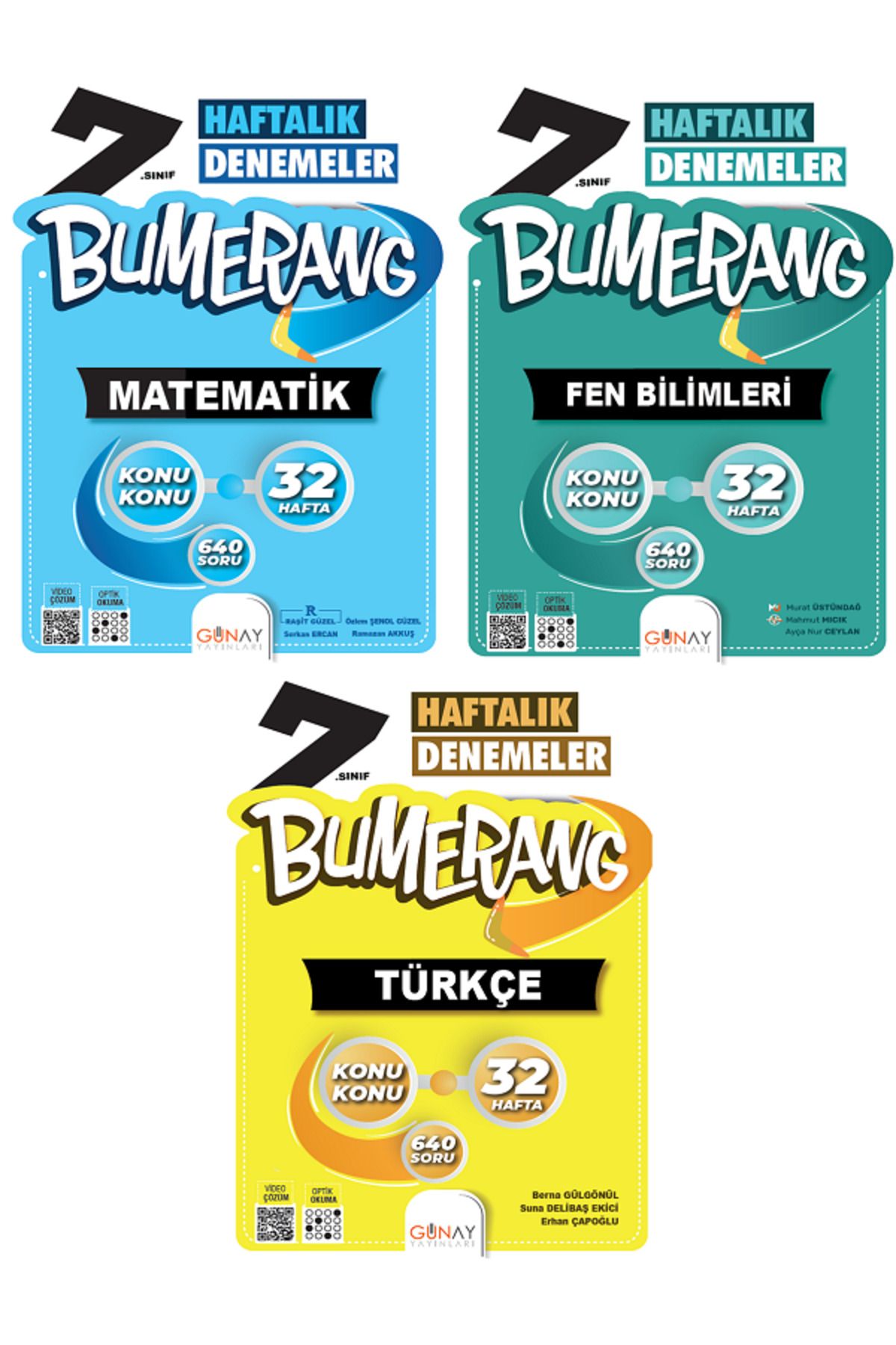Evrensel İletişim Yayınları 7.Sınıf Günay Bumerang Matematik + Türkçe + Fen Bilimleri 32 Haftalık Denemeler / 3 KİTAP SET