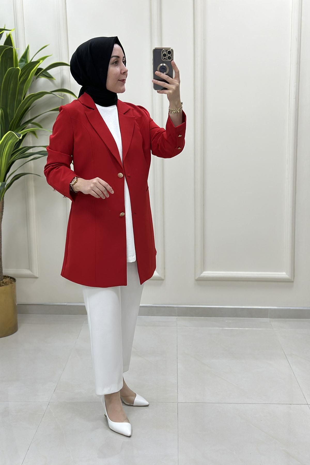 çınar özkan Kruvaze Yaka Kadın Blazer Ceket Kırmızı CNR 2070