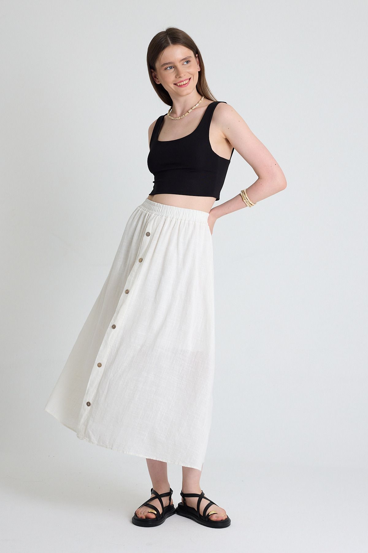 Rays-White Linen Look 100% Cotton Buttoned Midi Skirt 3419 3