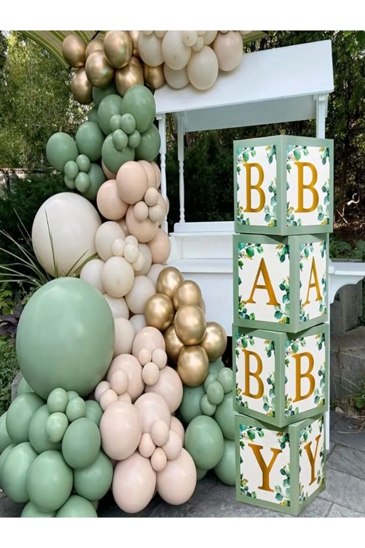 party mix Yeşil Krem Gold Balon Zinciri + BABY Yazılı Balon Kutusu Baby Shower Doğum Günü Seti