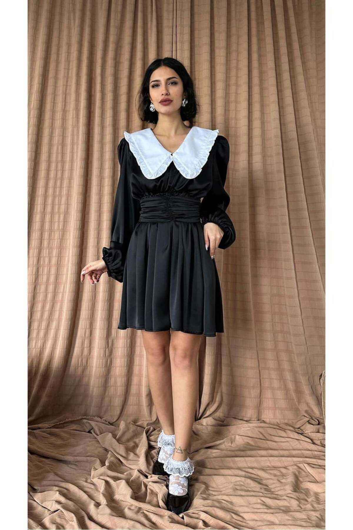 Castivo Fashion Fırfırlı Bebe Yaka Uzun Kollu Mini Elbise