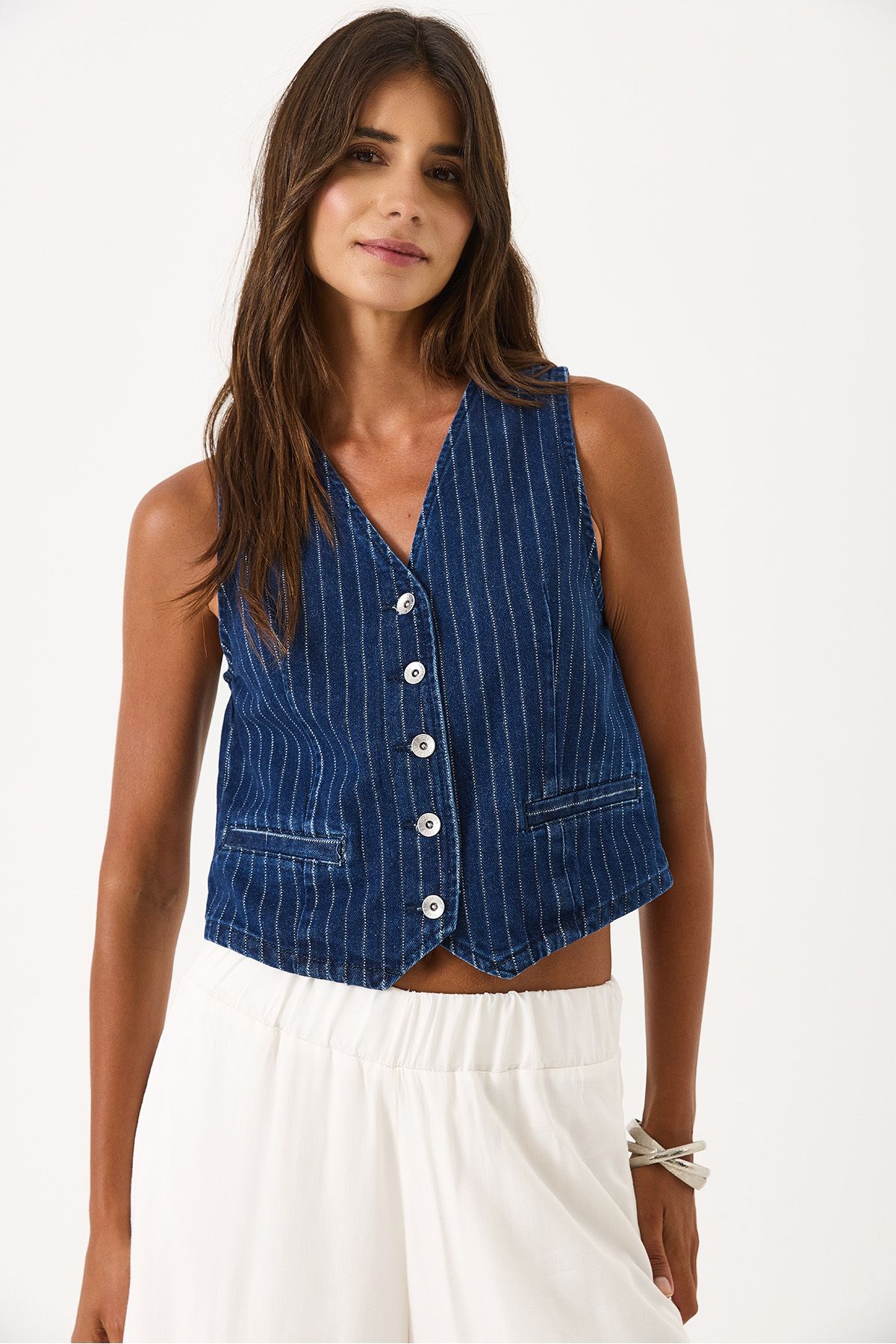 VENA-Striped Dark Blue Jean Vest - Dark Blue 8