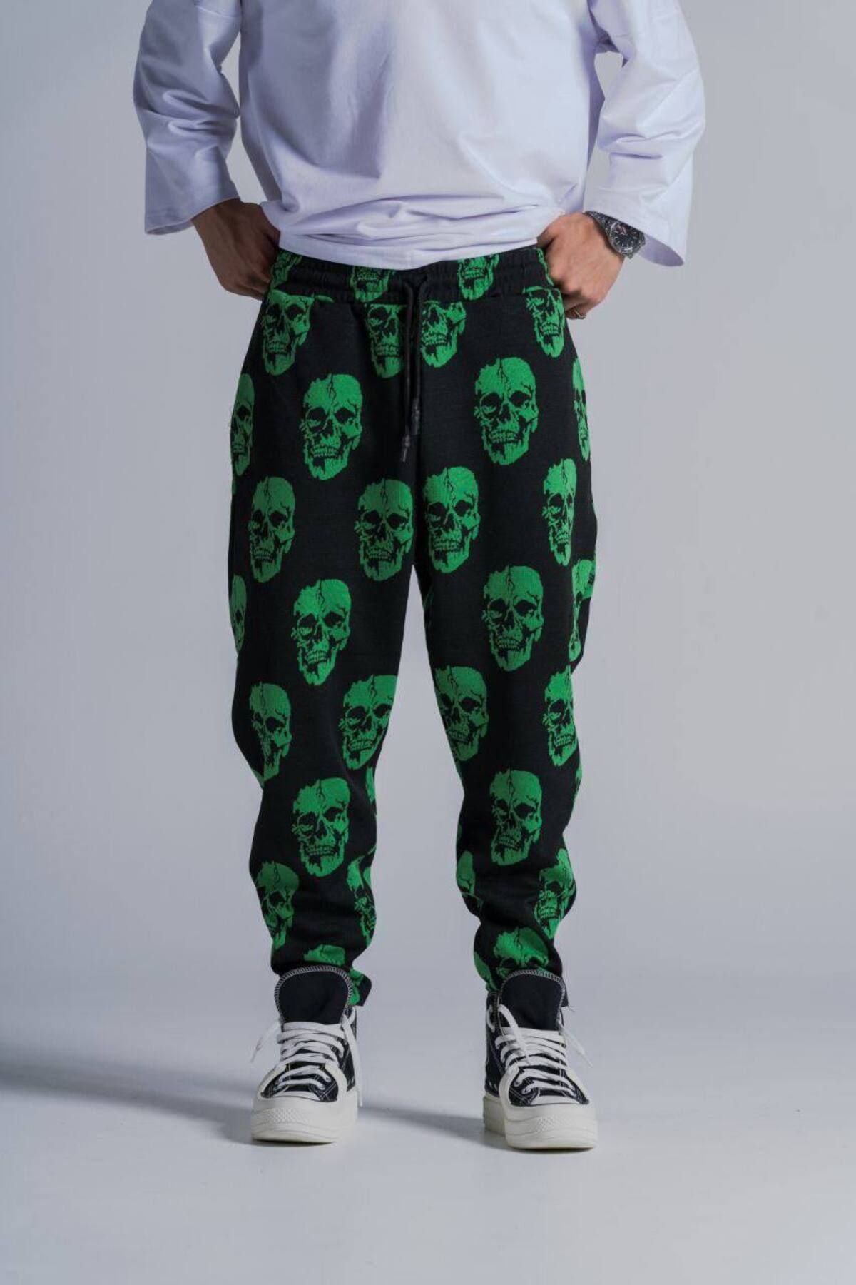 SUPERBLUE-Men's Patterned Green Baggy Trousers with Elastic Waist 5