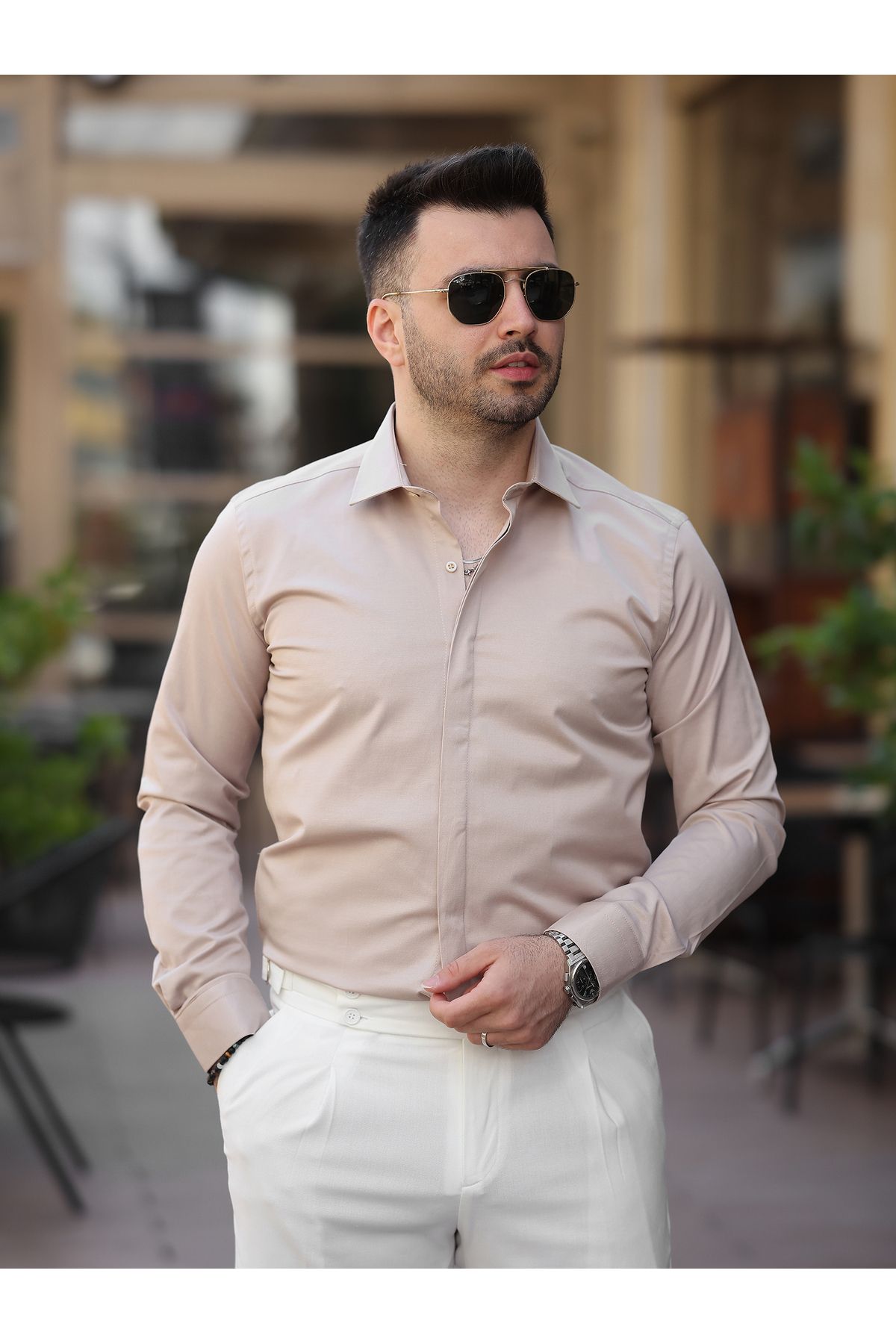 LUMAST Erkek Slim Fit Saten Pamuk Klasik Gizli Düğmeli Gömlek