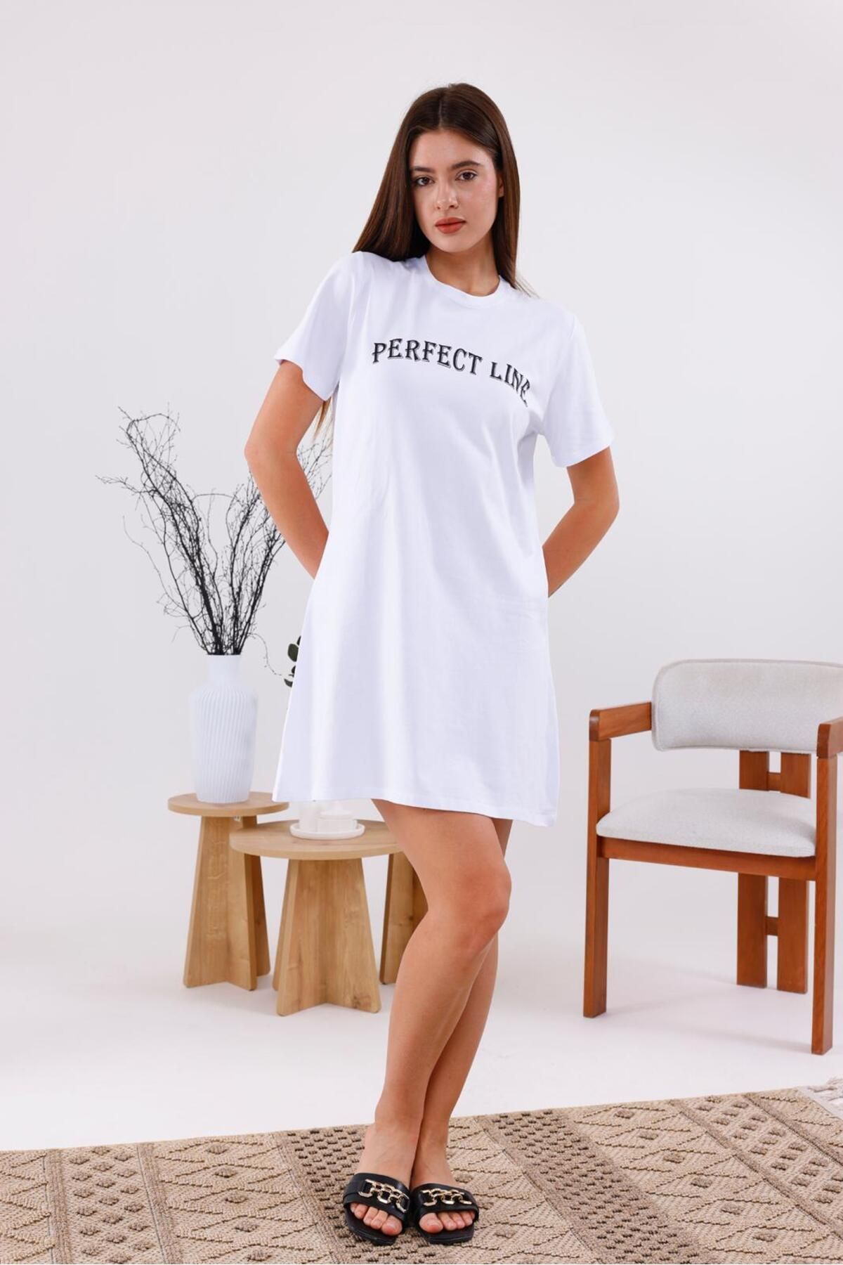 PERFECTLİNE KADIN Yazılı Beyaz Büyük Beden Tunik Tişört