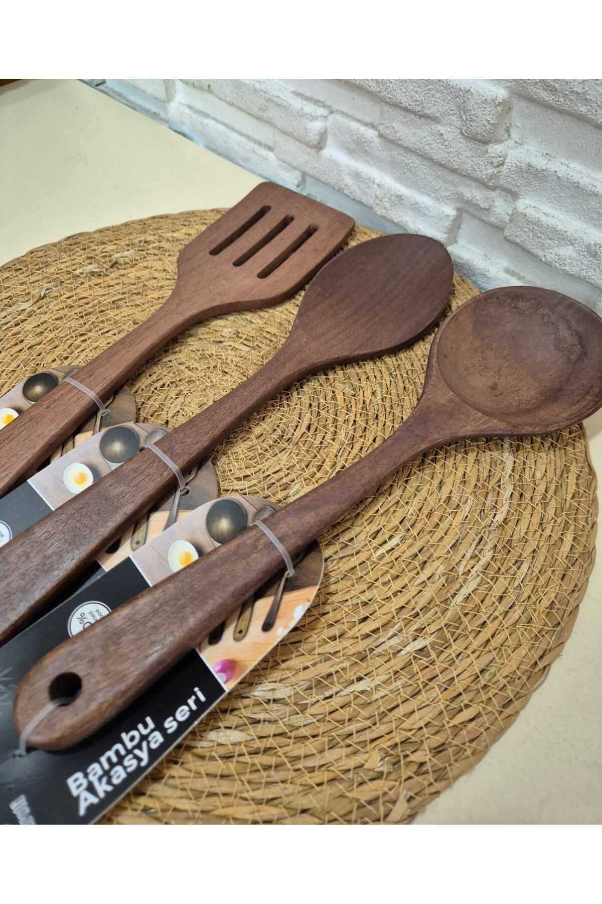 Gülün Dükkanı 3 Lü Akasya Kepçe Kaşık Spatula Seti
