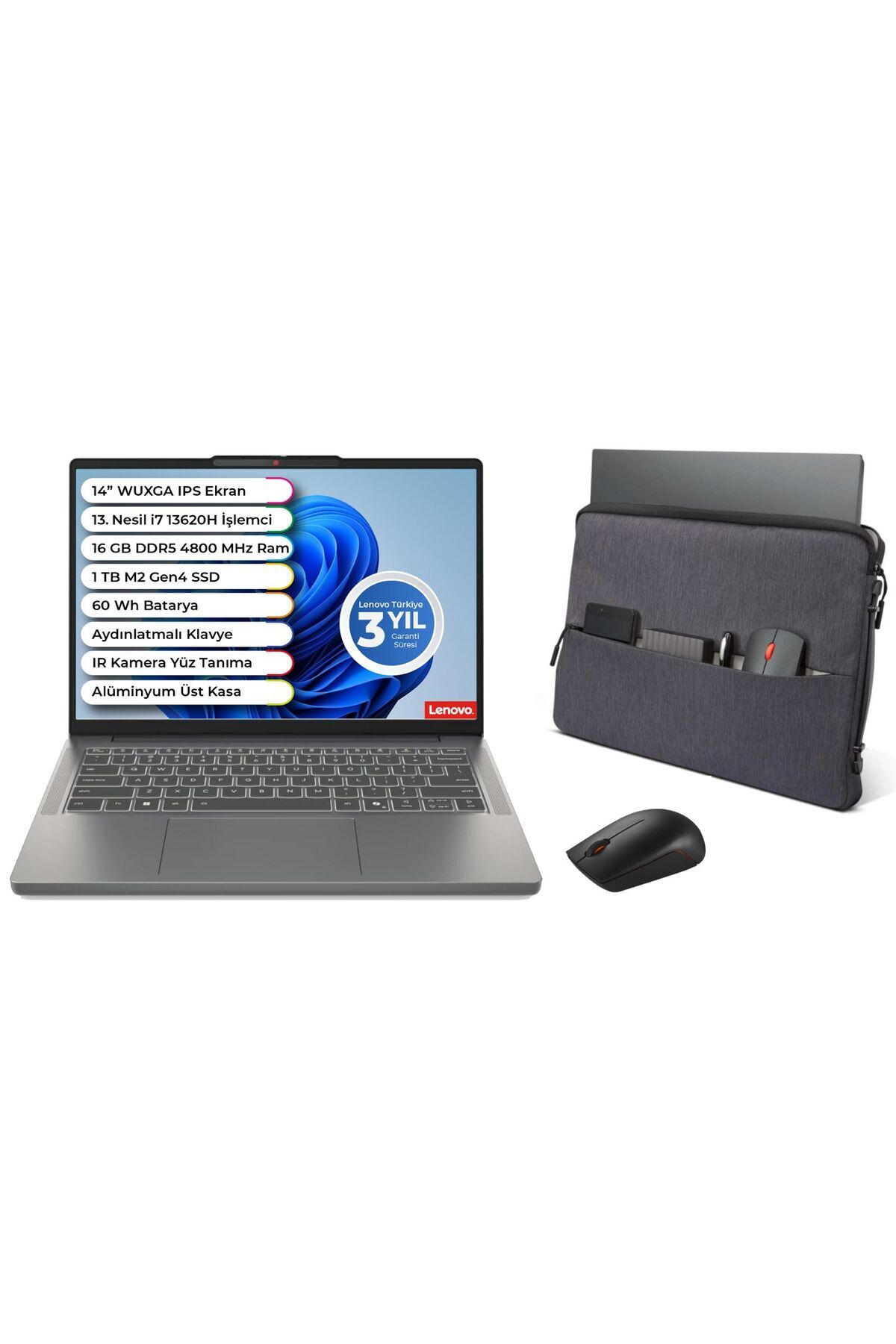 LENOVO IdeaPad Slim 3 14IRH10 Intel i7 13620H DDR5 16 GB 1 TB Freedos 14 Inç WUXGA Lenovo Kılıf,Mouse