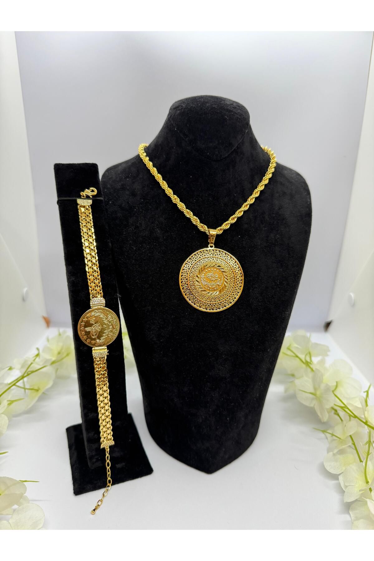 Constanza Exclusive 22 Ayar Altın Kaplama Burgu Zincirli Osmanlı Tuğralı Set Lvd523