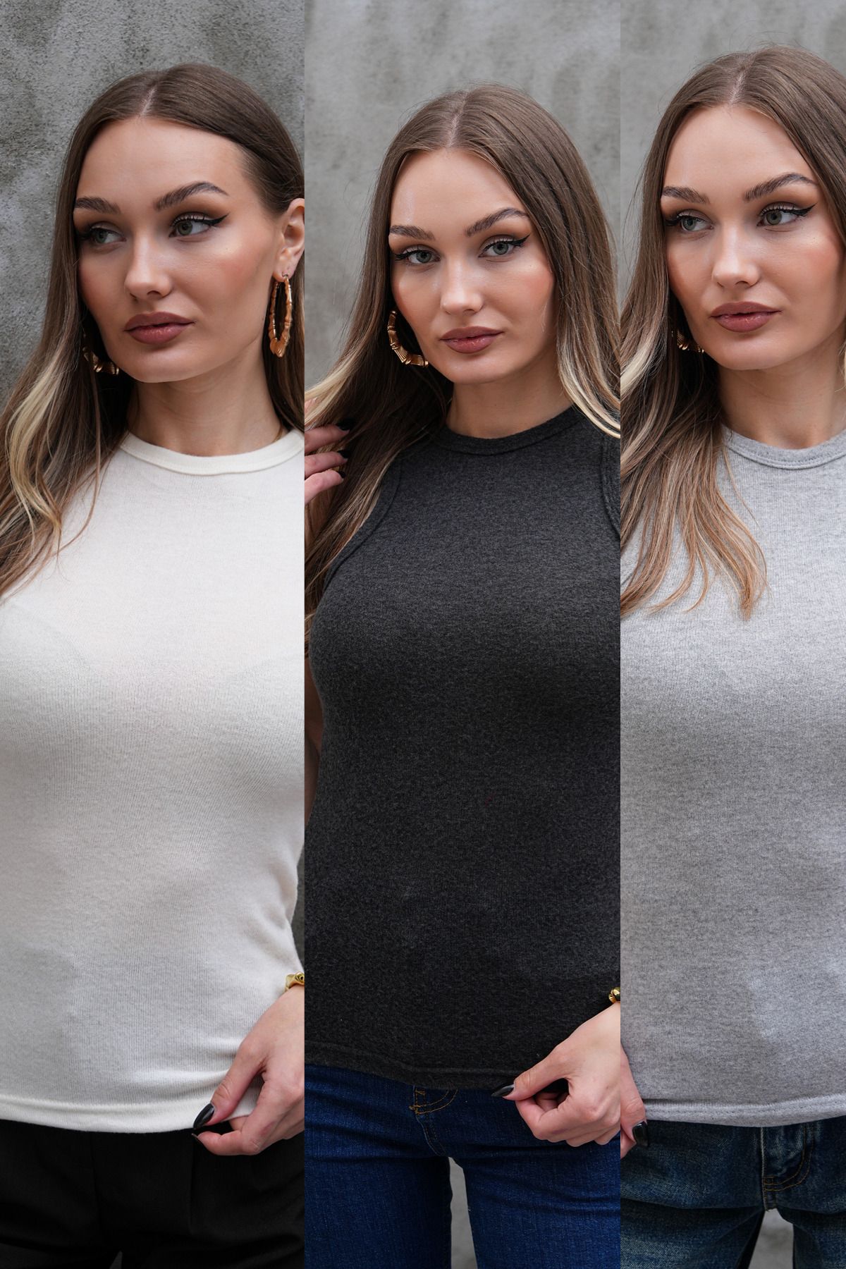 Pinpery Basic 3'lü Kadın Halter Yaka Yumuşak Dokulu Kadın Bluz GRİ-FÜME-Krem