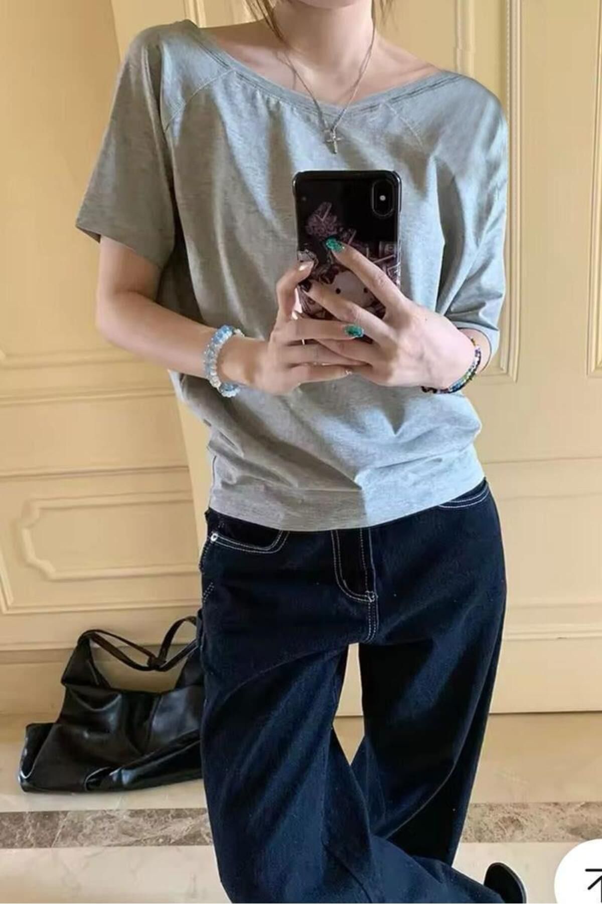 Karakedi Gri Melanj Basic Düşük Omuz Kısa Kol T-shirt