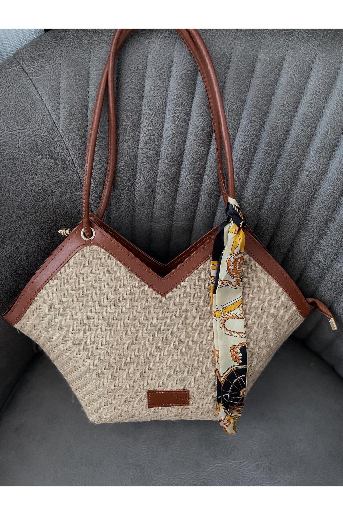 MODA LİMONBAGG HASIR MODEL FULARLI FERMUARLI OMU KOL VE EL ÇANTASI