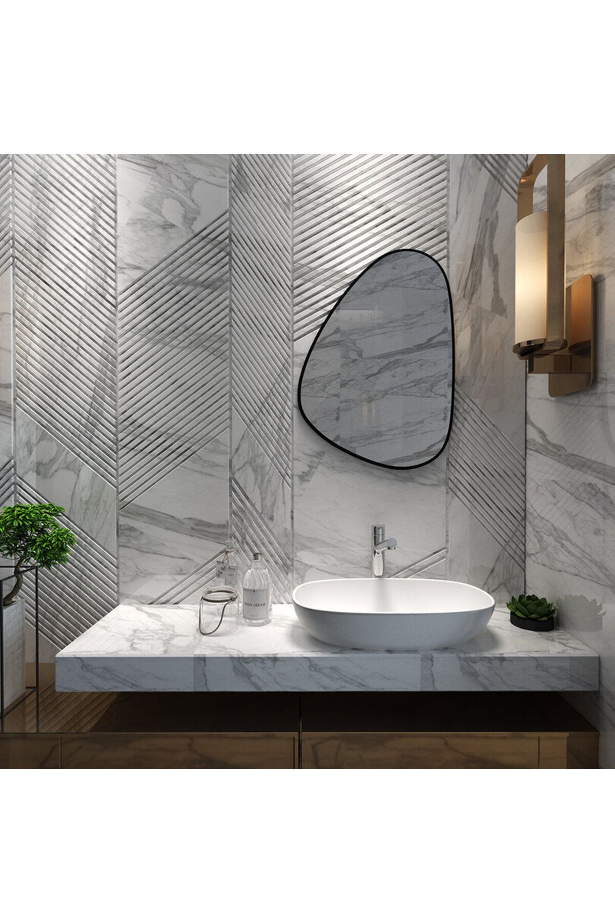 Aypars Atölye 50x70 cm Asimetrik Duvar Aynası – Lüks Siyah MDF Çerçeveli Dekoratif Ayna, Modern Salon Tasarımı