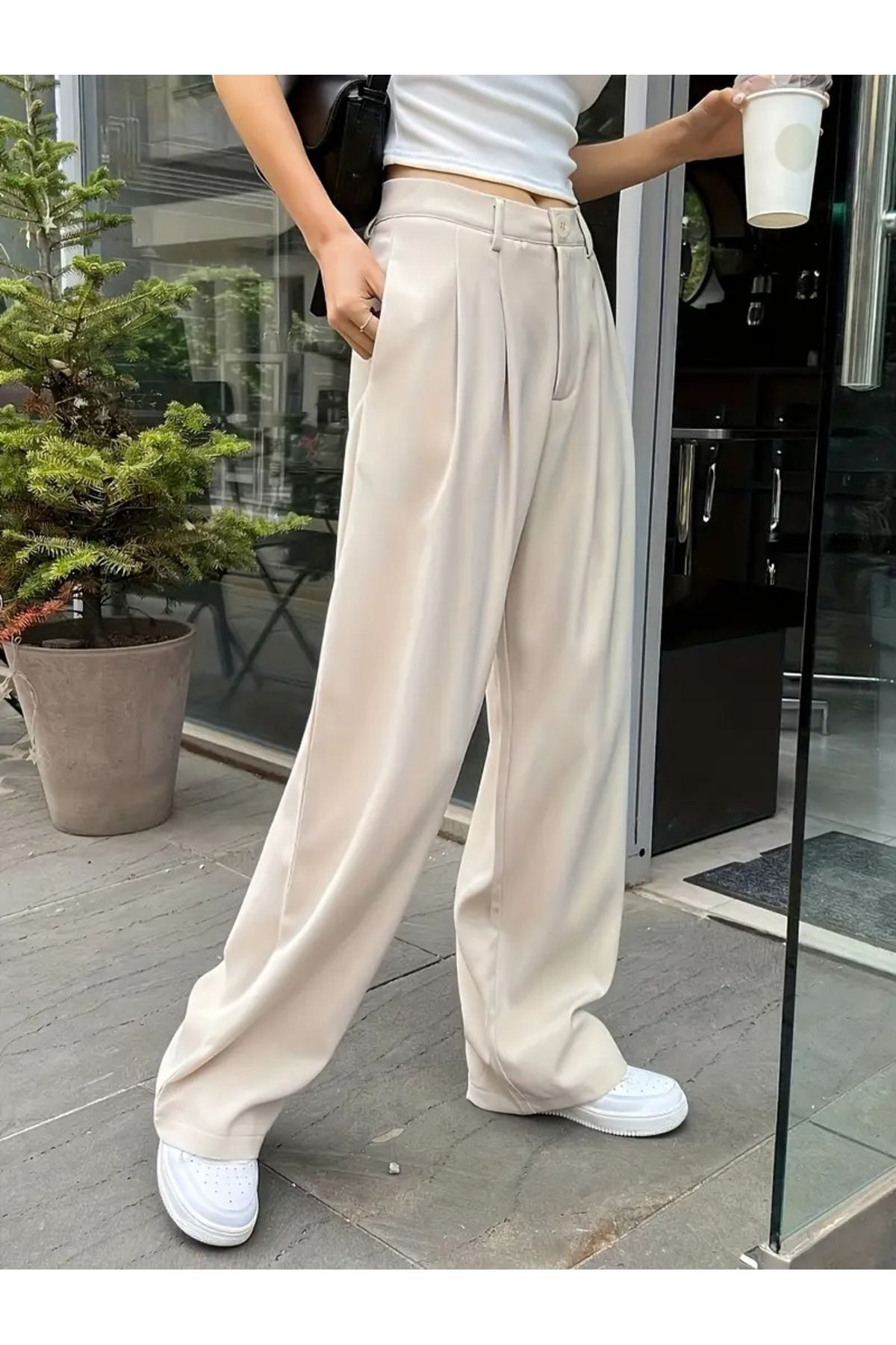 LAND MODA Kadın Pileli Kumaş yüksek bel Palazzo Pantolon