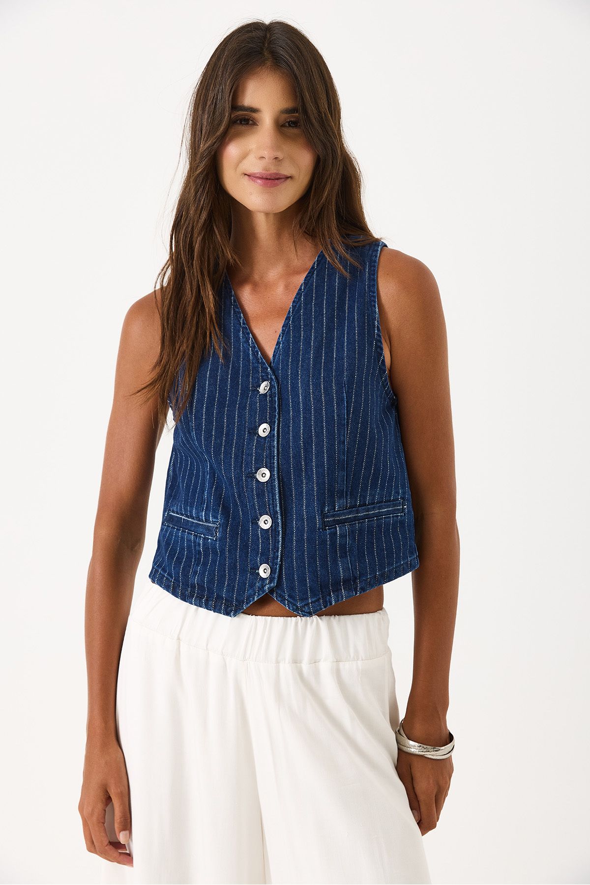 VENA-Striped Dark Blue Jean Vest - Dark Blue 7