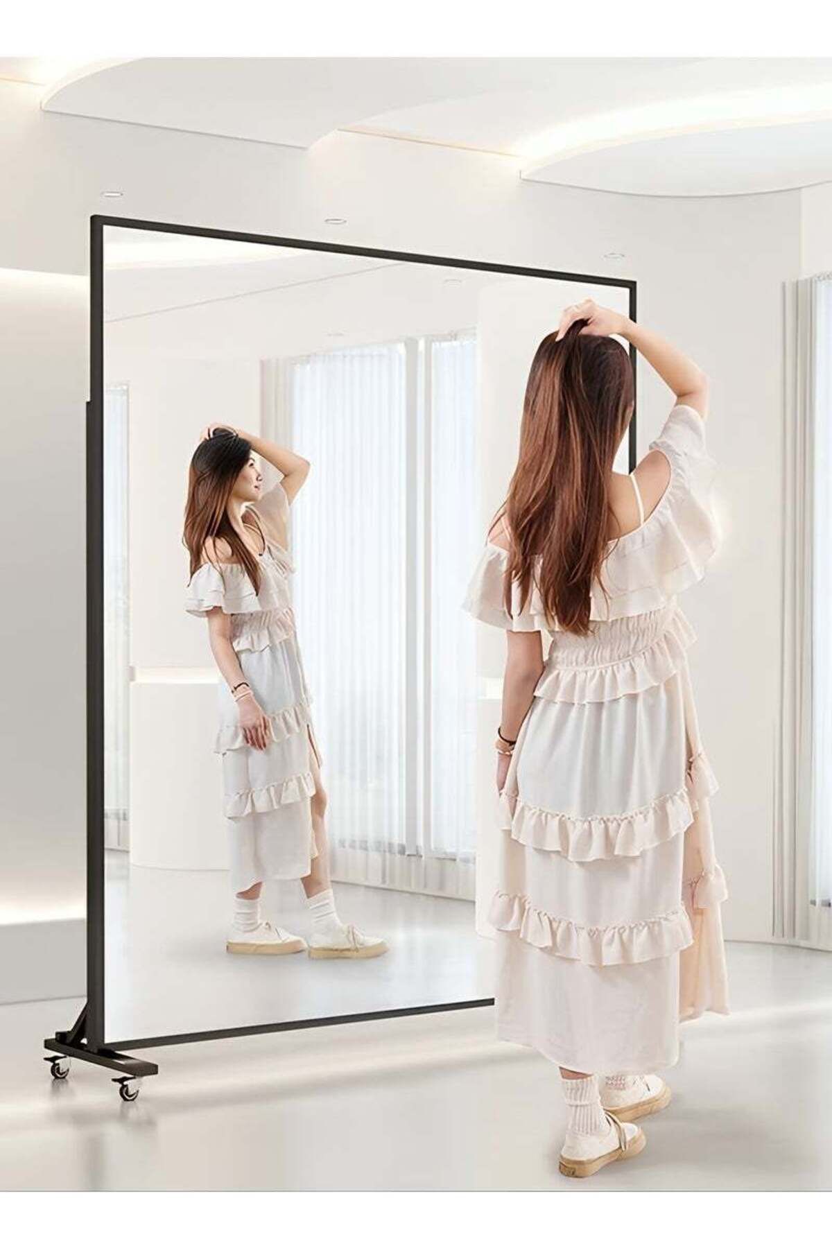 Taimi-مرآة كبيرة جدًا بتصميم أنيق، مقاومة للكسر، 170 × 150 سم بإطار أسود و4 عجلات 3