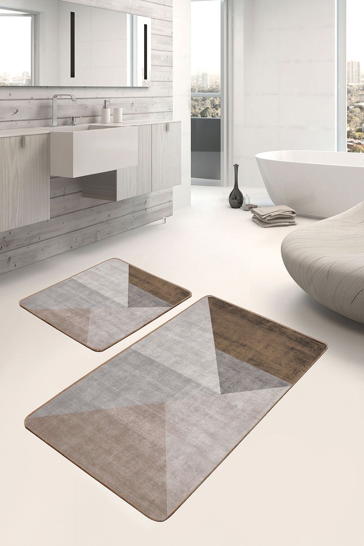 Realhomes Kahverengi - Gri Zeminde Geometrik Motifli Üçgen Sade Şık Geometrik 2'li Banyo Mutfak Paspas Takımı