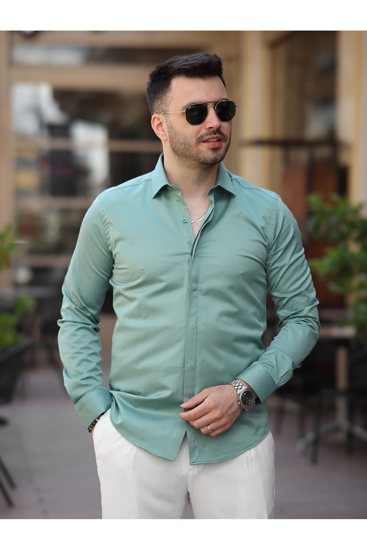 LUMAST Erkek Slim Fit Saten Pamuk Klasik Gizli Düğmeli Gömlek