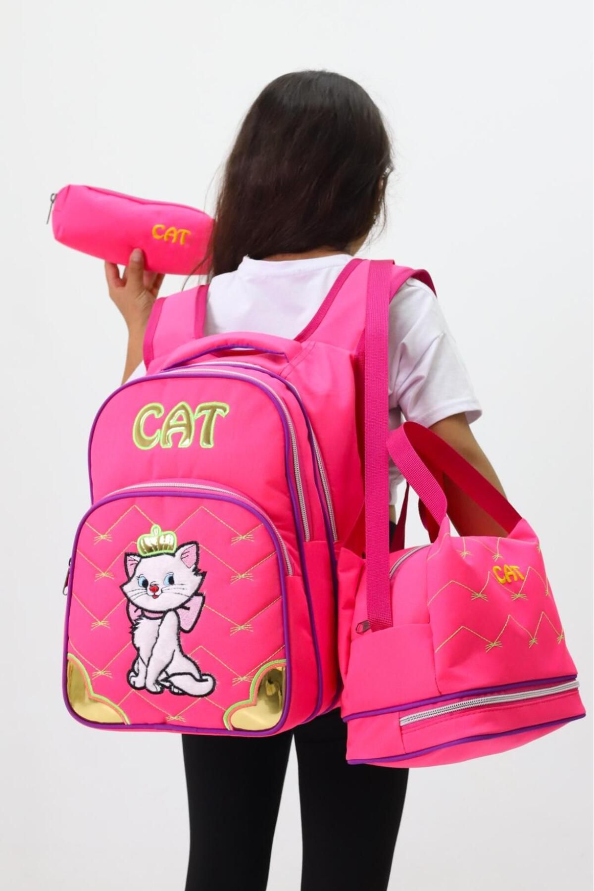Probag Kız Çocuk CAT Temalı 3'li Okul ve Beslenme Çantası Seti – Pembe & Sevimli Kedi Desenli