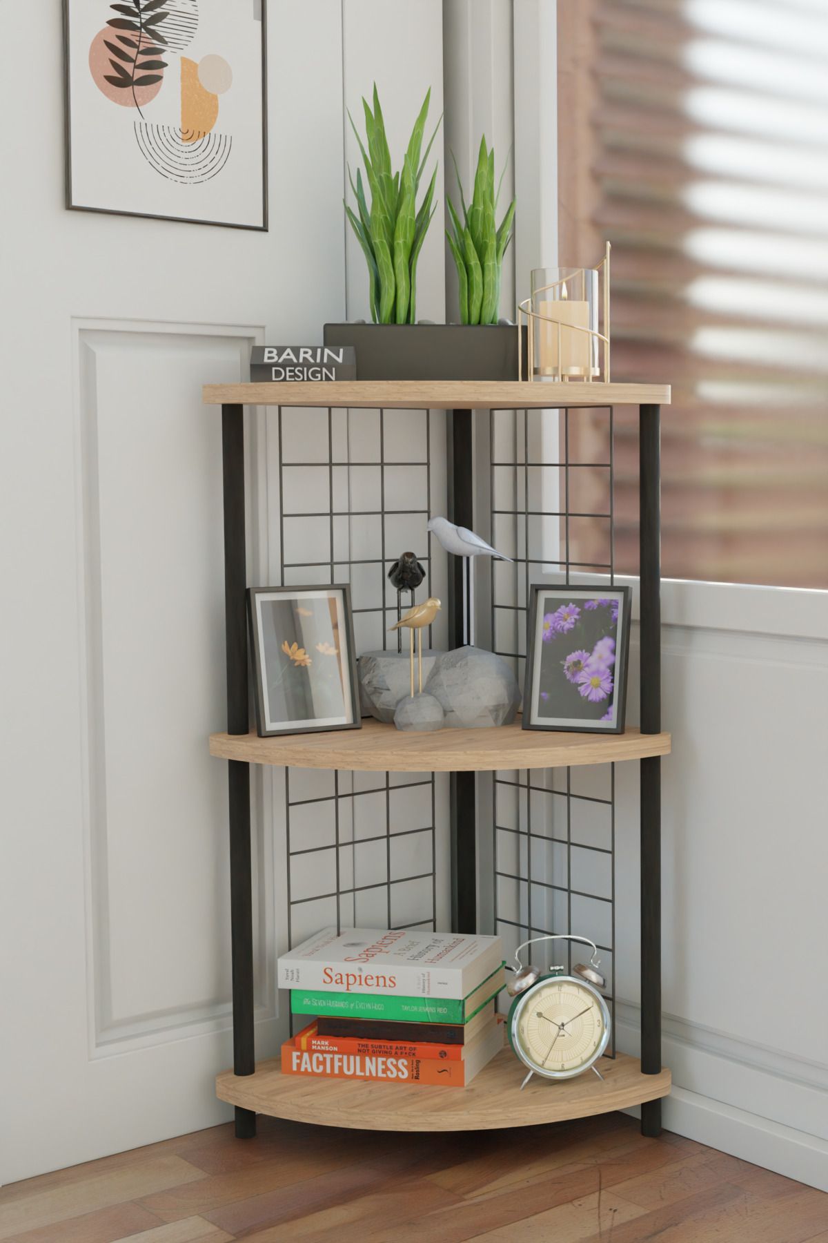BARIN DESIGN 3Raflı Metal Telli Köşe Kitaplık Çevir-Kur Raf Ünitesi Modern Salon Dekoratif Raf Ofis Çalışma Odası