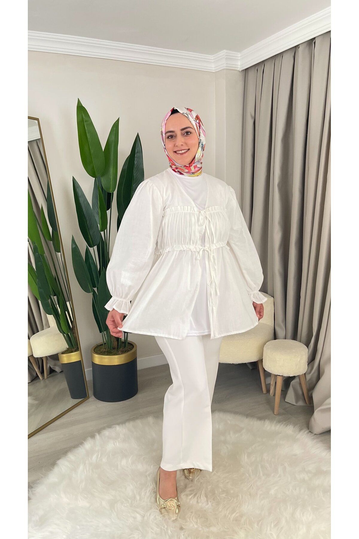 DEMET HERA Büzgülü - İp Bağlama Detaylı Keten Kumaş Kimono Gömlek