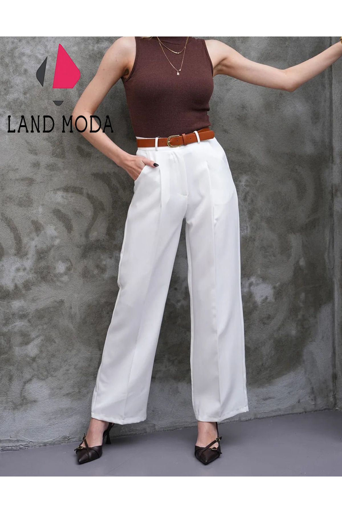 LAND MODA Kadın yüksek bel bol paça kemerli Pileli dokuma Kumaş Palazzo Pantolon