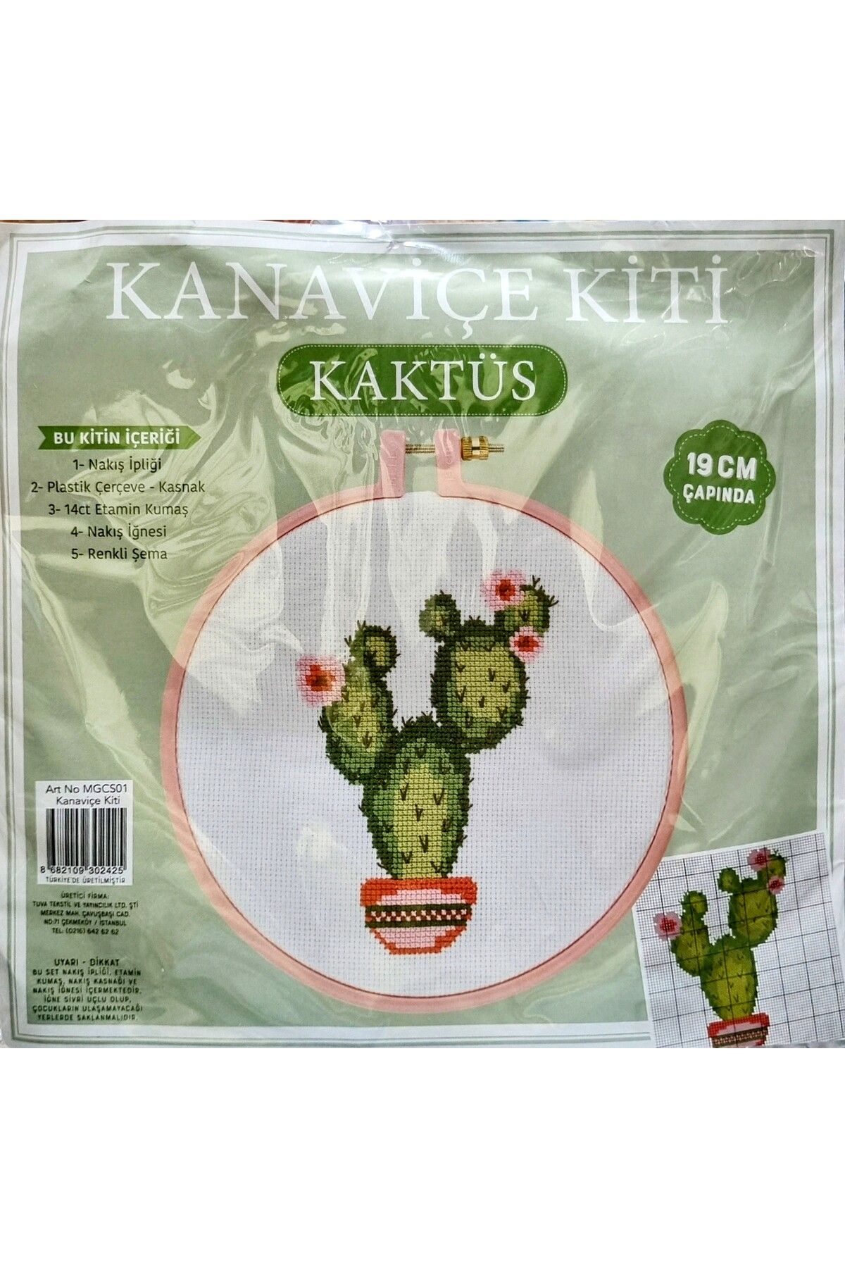 Tuva Kaktüs Kanaviçe Kiti 19 Cm Pembe Kasnak - Tüm Malzemeleri Pakette