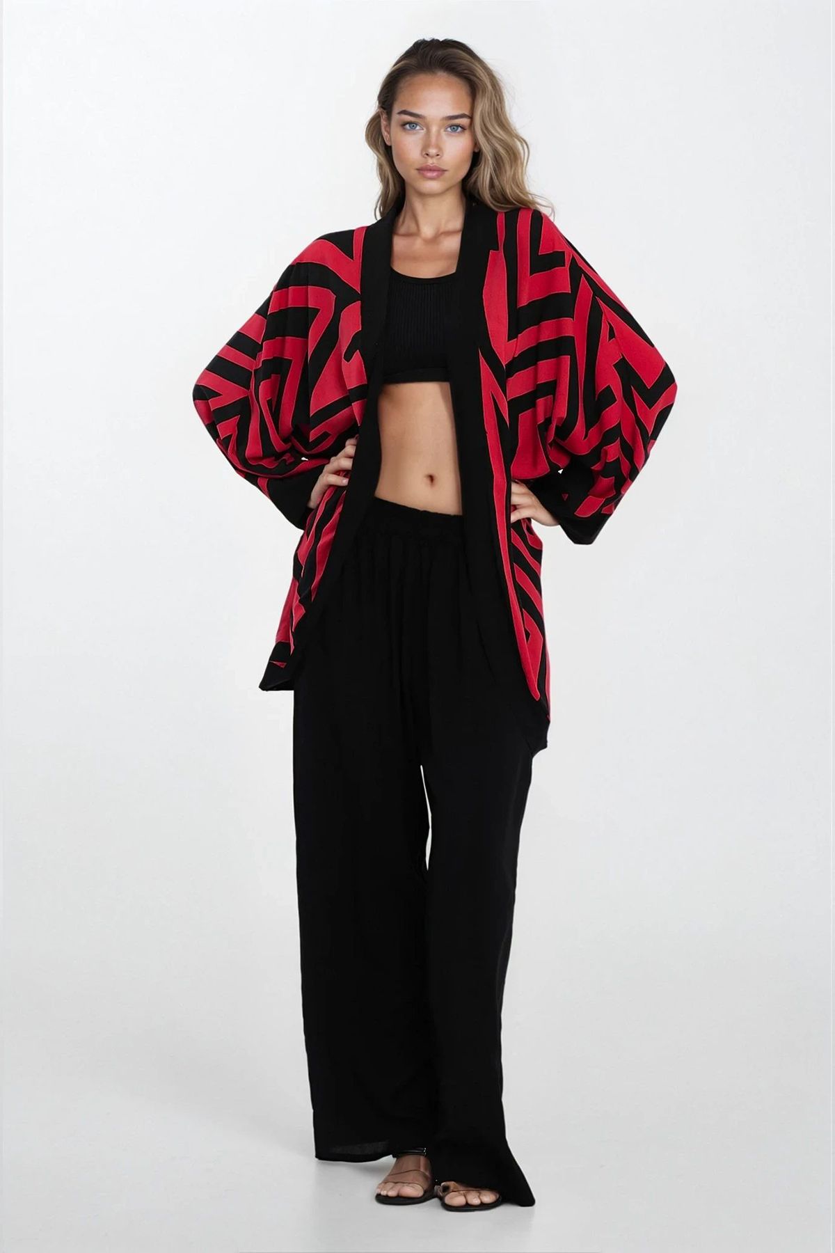 VAGGON Kadın Kırmızı Çift Cepli Beli Lastikli Pantolon Ve Kimono 3'lü Takım Vs00294