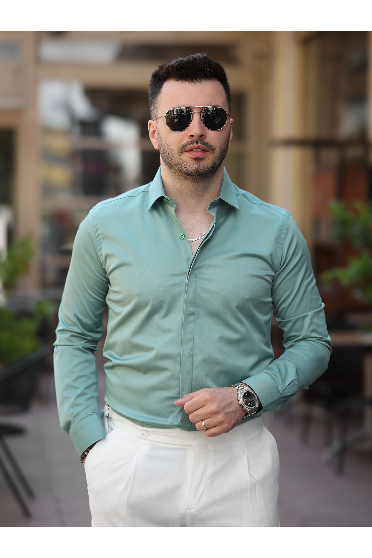 BASEL.CO Erkek Süpre Slim Fit Gizli Patlı Pamuk Saten Gömlek
