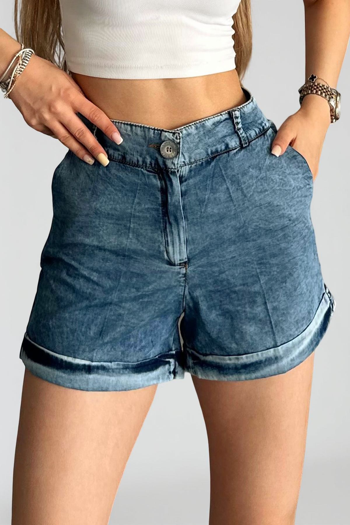 Jacarsman Kadın Yüksek Bel Yazlık Kısa Denim Şort Cepli Rahat Kalıp Kot Şort