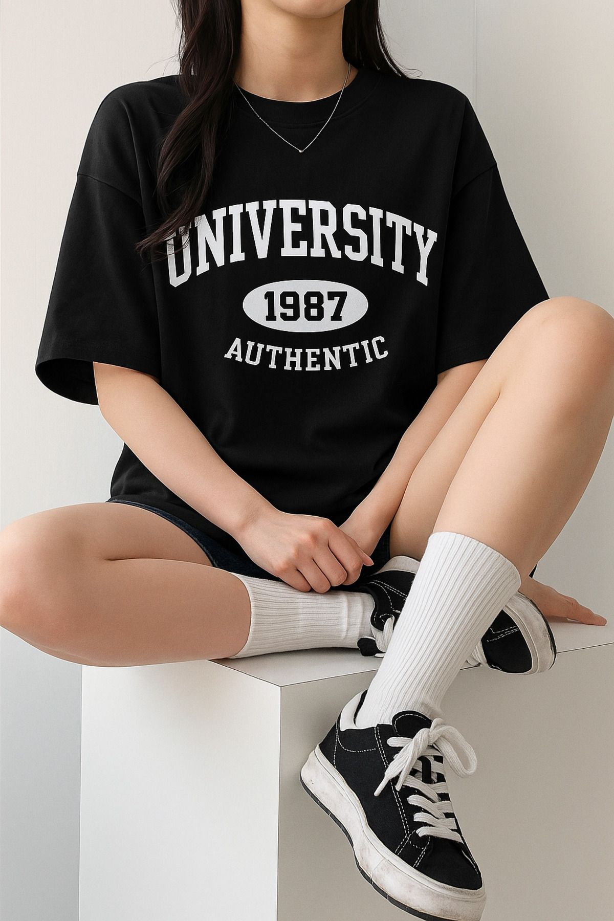 GENIUS STORE Kadın Tişört Baskılı Uzun T-shirt Pamuklu Oversize Tişört UNIVERSİTY-KADIN