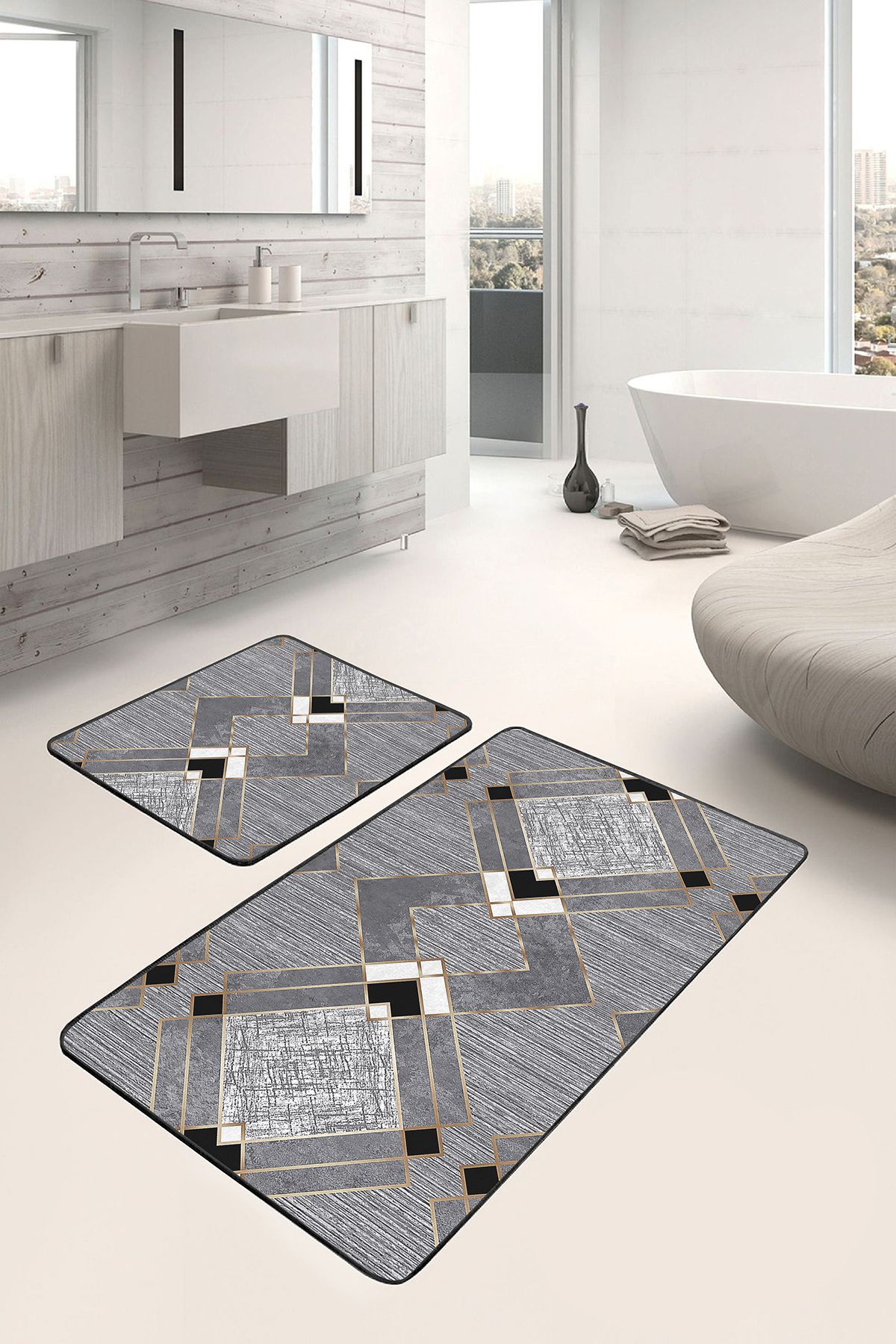 Realhomes Füme - Gri Zeminde Geometrik Motifli Kanvas Geometrik Sade & Şık 2'li Banyo & Mutfak Paspas Takımı